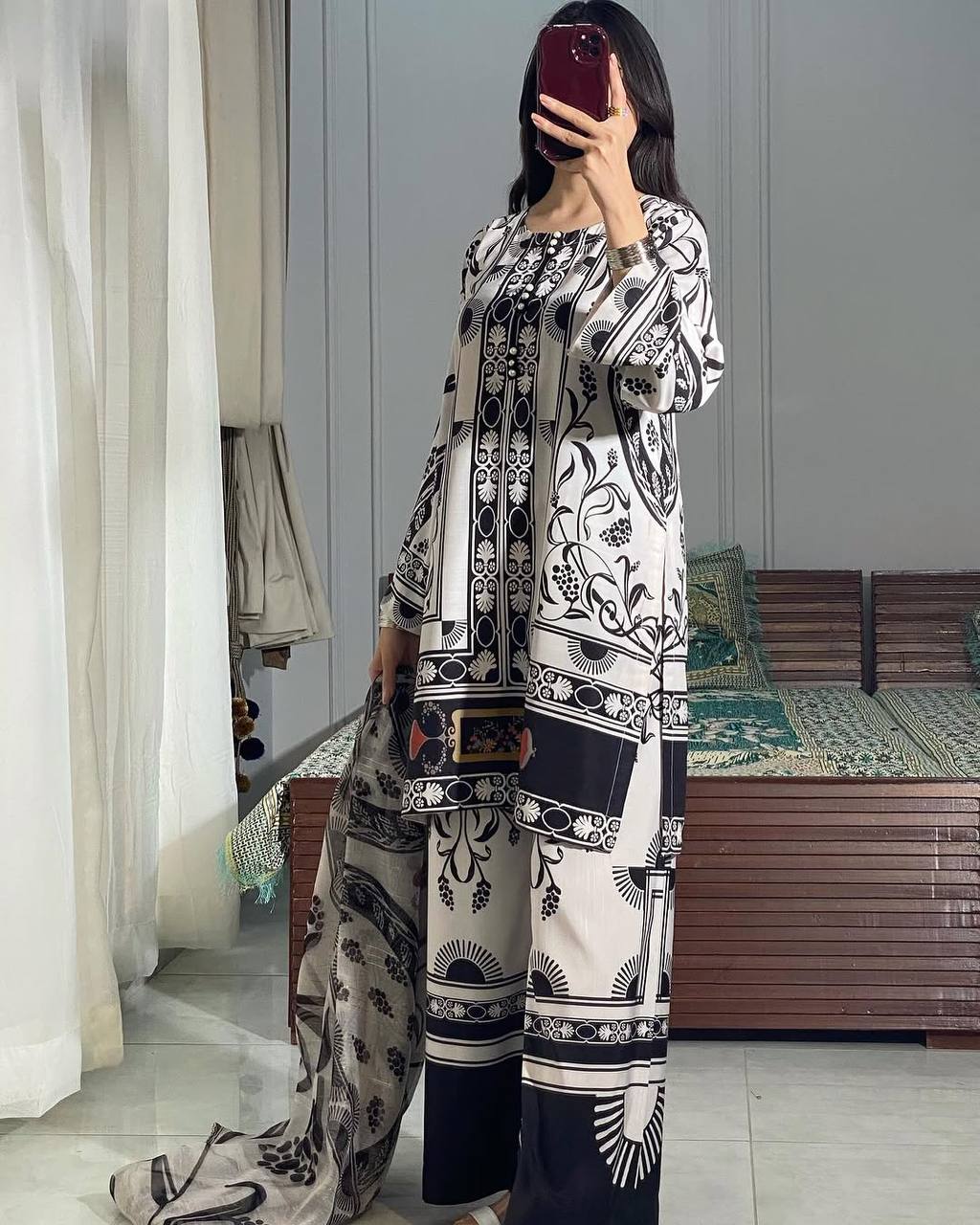 White Pure Natural Crepe Digital Printed Kurti Plazzo Set with Chiffon Georgette Dupatta – Fully Stitched