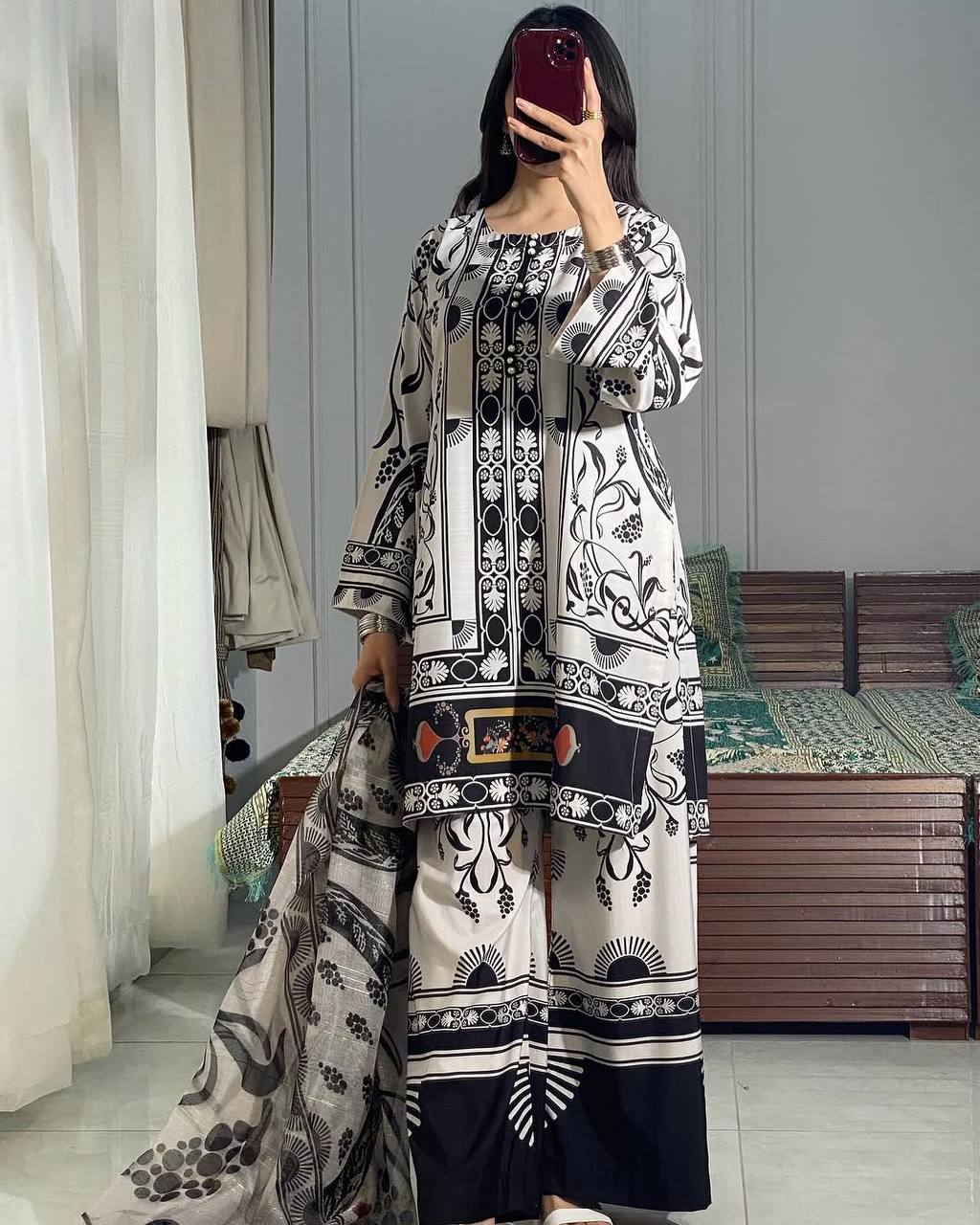White Pure Natural Crepe Digital Printed Kurti Plazzo Set with Chiffon Georgette Dupatta – Fully Stitched