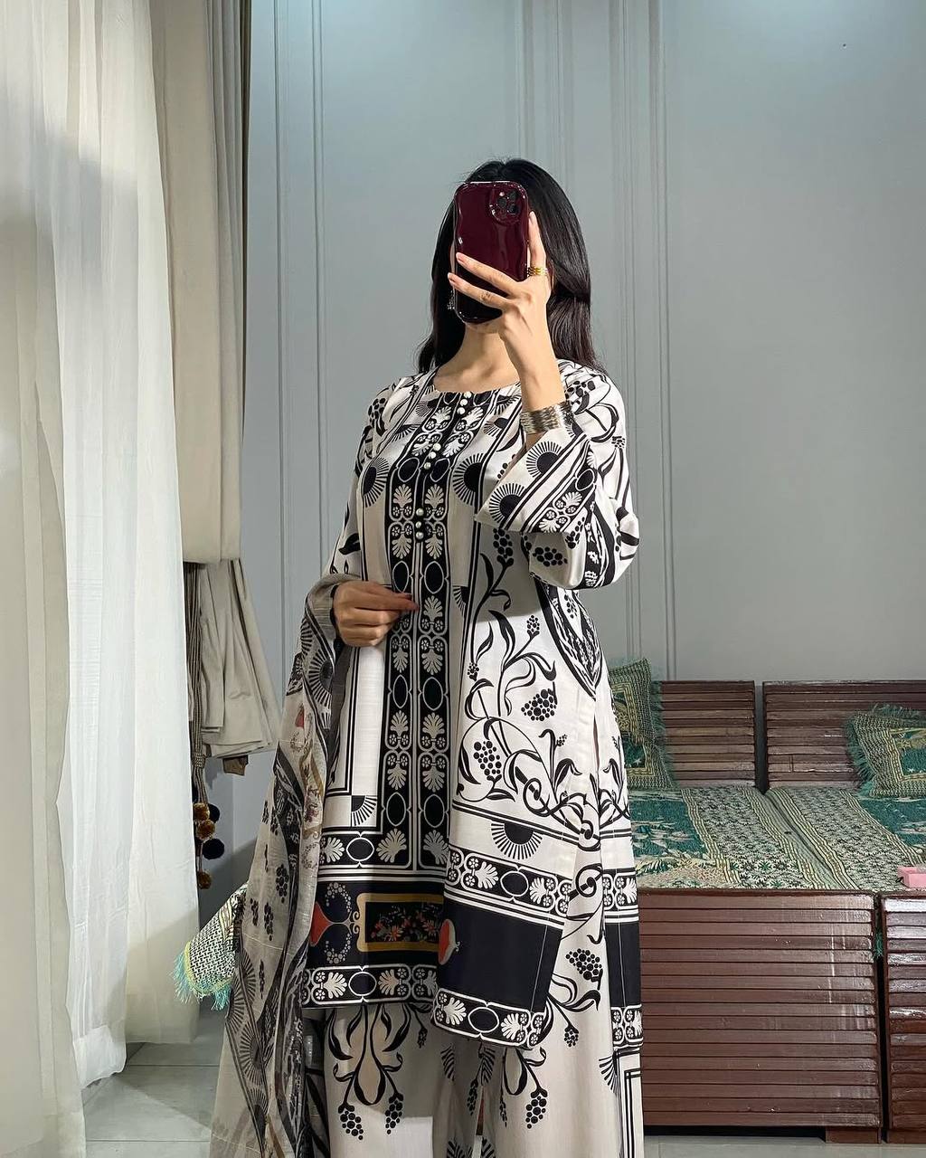 White Pure Natural Crepe Digital Printed Kurti Plazzo Set with Chiffon Georgette Dupatta – Fully Stitched