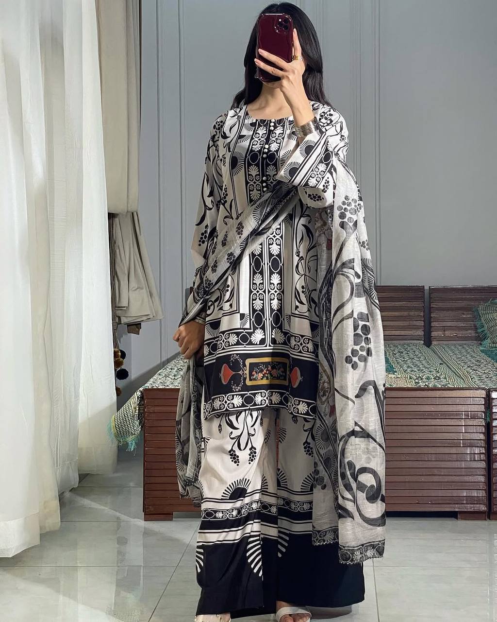 White Pure Natural Crepe Digital Printed Kurti Plazzo Set with Chiffon Georgette Dupatta – Fully Stitched