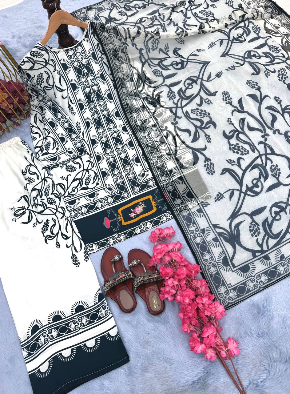 White Pure Natural Crepe Digital Printed Kurti Plazzo Set with Chiffon Georgette Dupatta – Fully Stitched