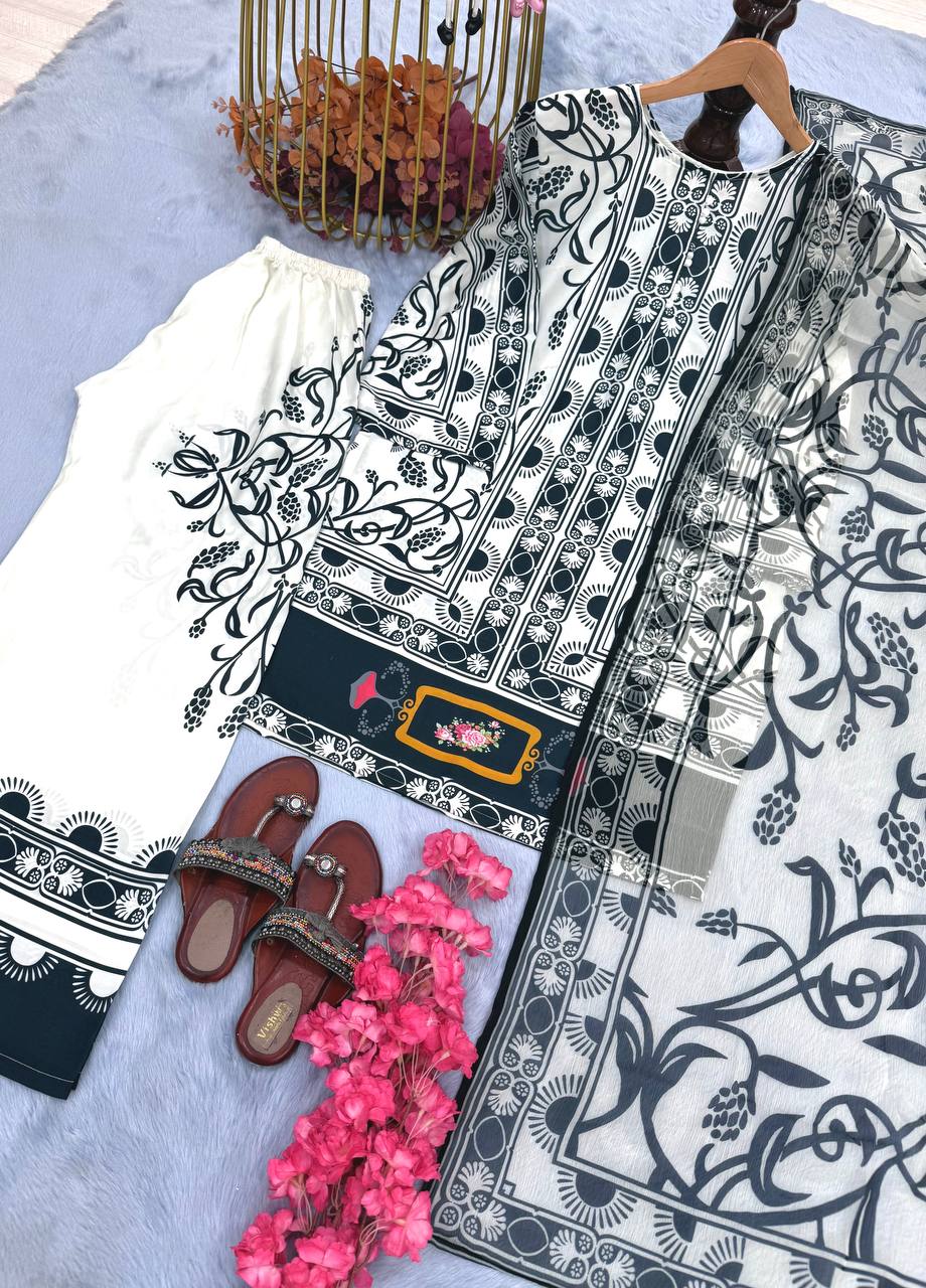 White Pure Natural Crepe Digital Printed Kurti Plazzo Set with Chiffon Georgette Dupatta – Fully Stitched