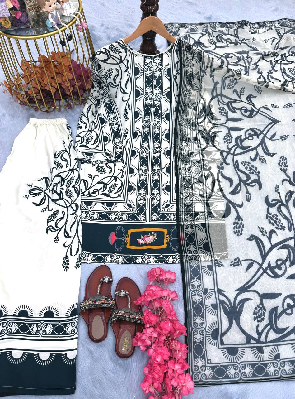 White Pure Natural Crepe Digital Printed Kurti Plazzo Set with Chiffon Georgette Dupatta – Fully Stitched