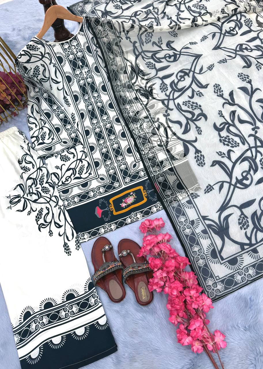 White Pure Natural Crepe Digital Printed Kurti Plazzo Set with Chiffon Georgette Dupatta – Fully Stitched