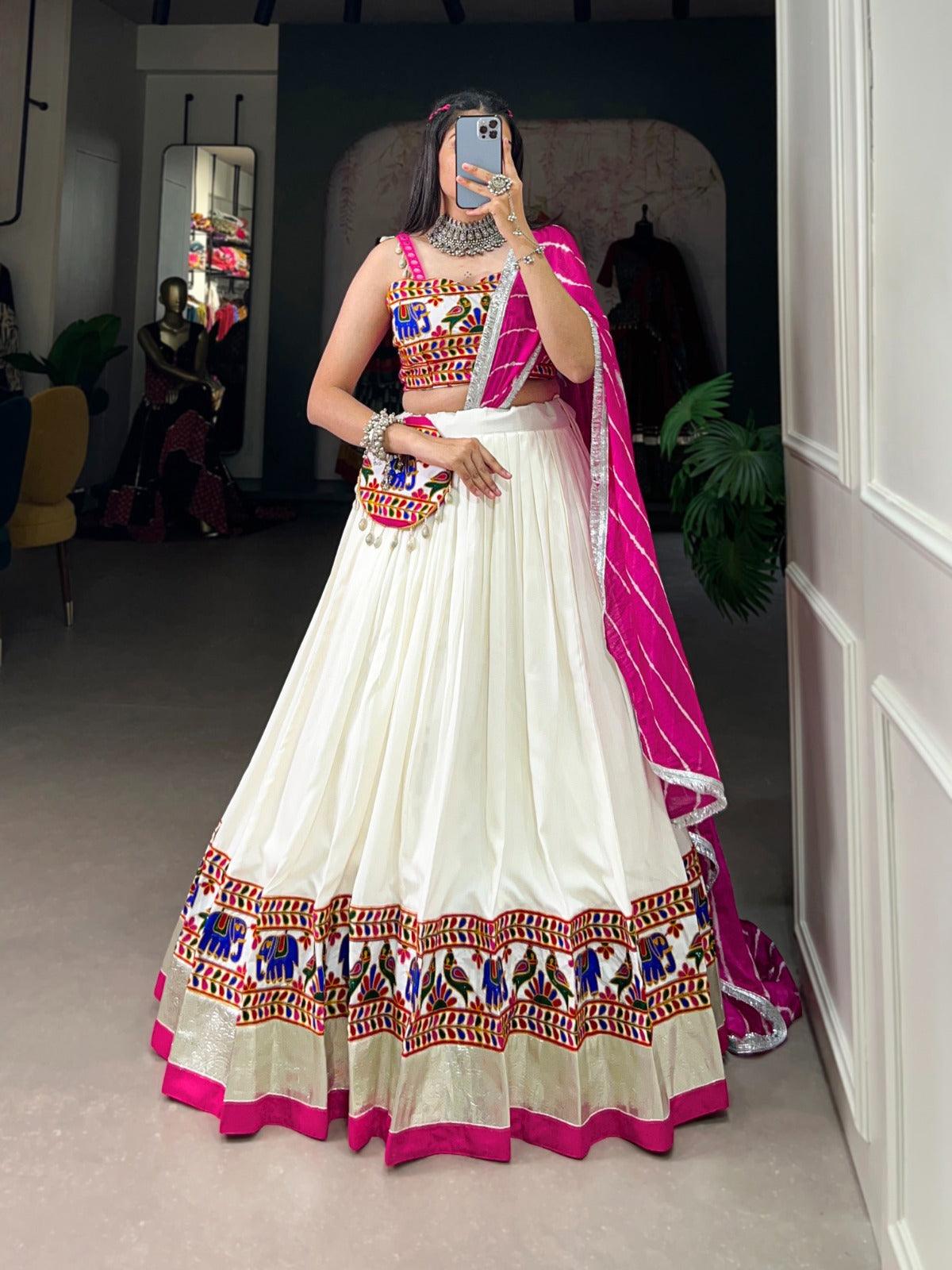 White Pure Rayon Gamthi Worked Navratri Lehenga Choli Set