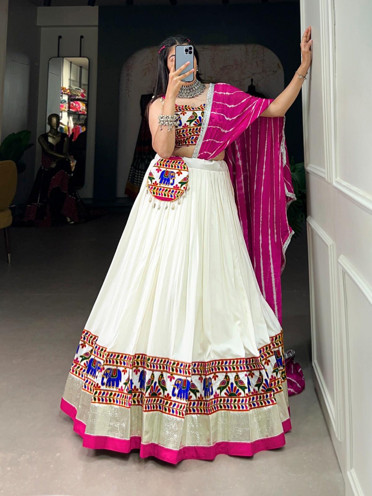 White Pure Rayon Gamthi Worked Navratri Lehenga Choli Set