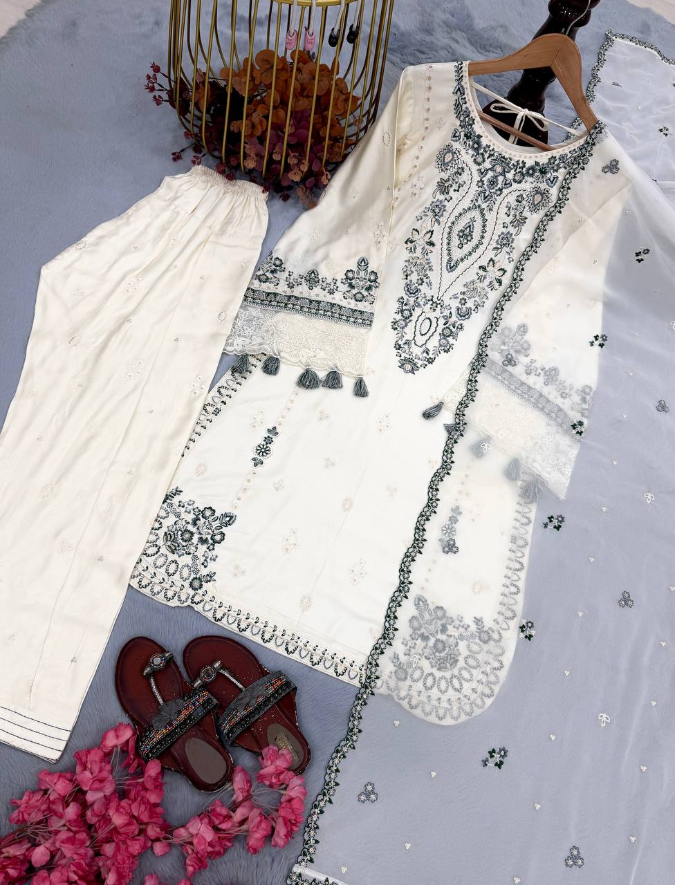 White Pure Satin Rayon Farchi Suit Set
