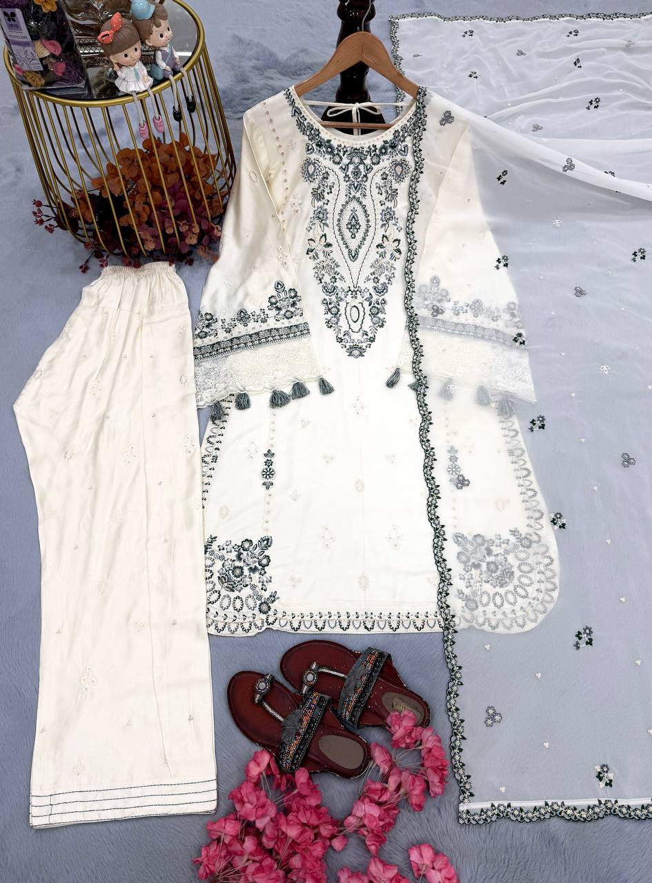 White Pure Satin Rayon Farchi Suit Set