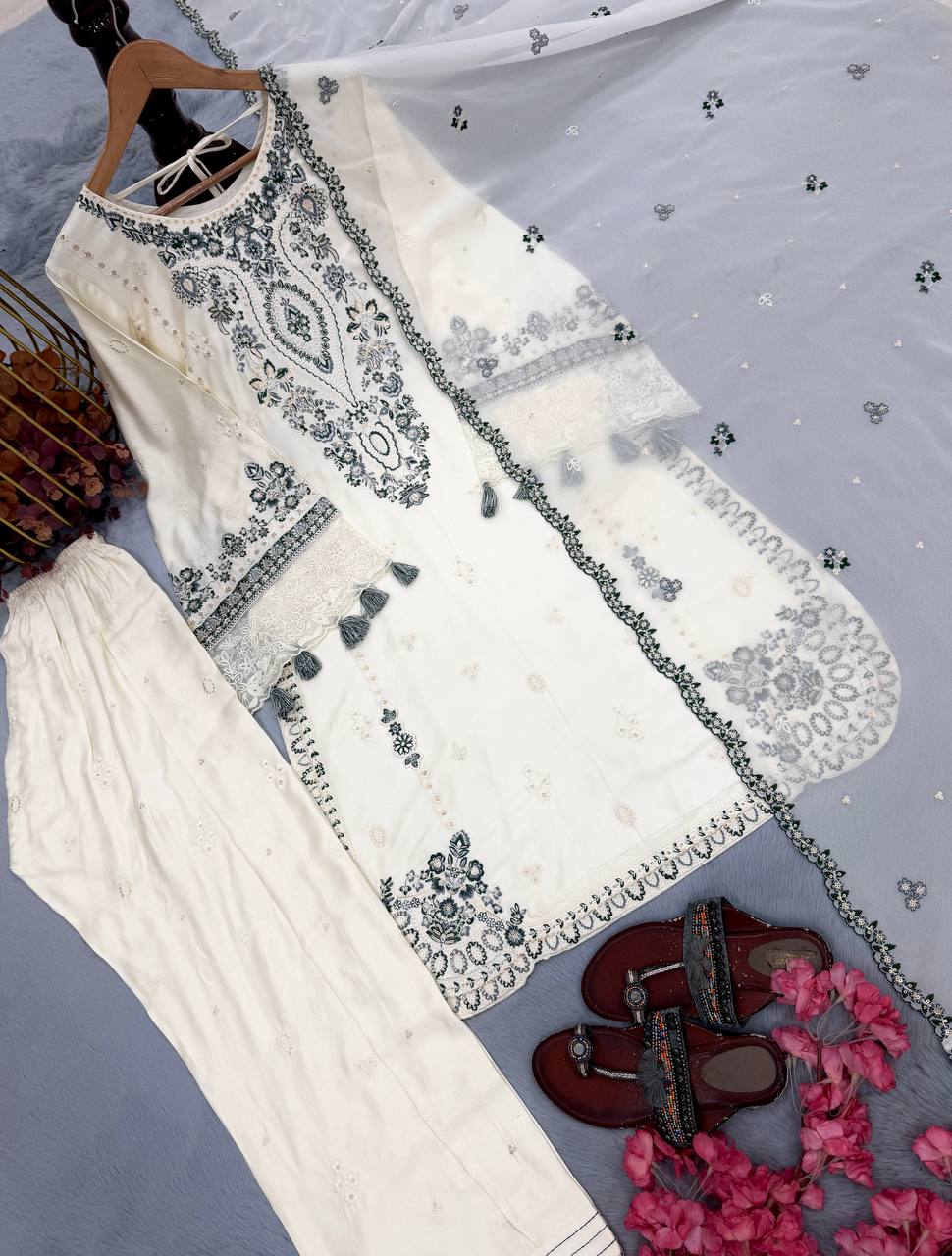 White Pure Satin Rayon Farchi Suit Set