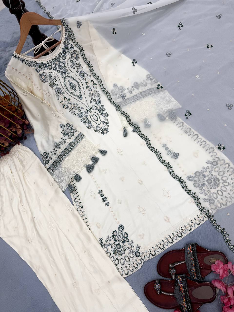 White Pure Satin Rayon Farchi Suit Set
