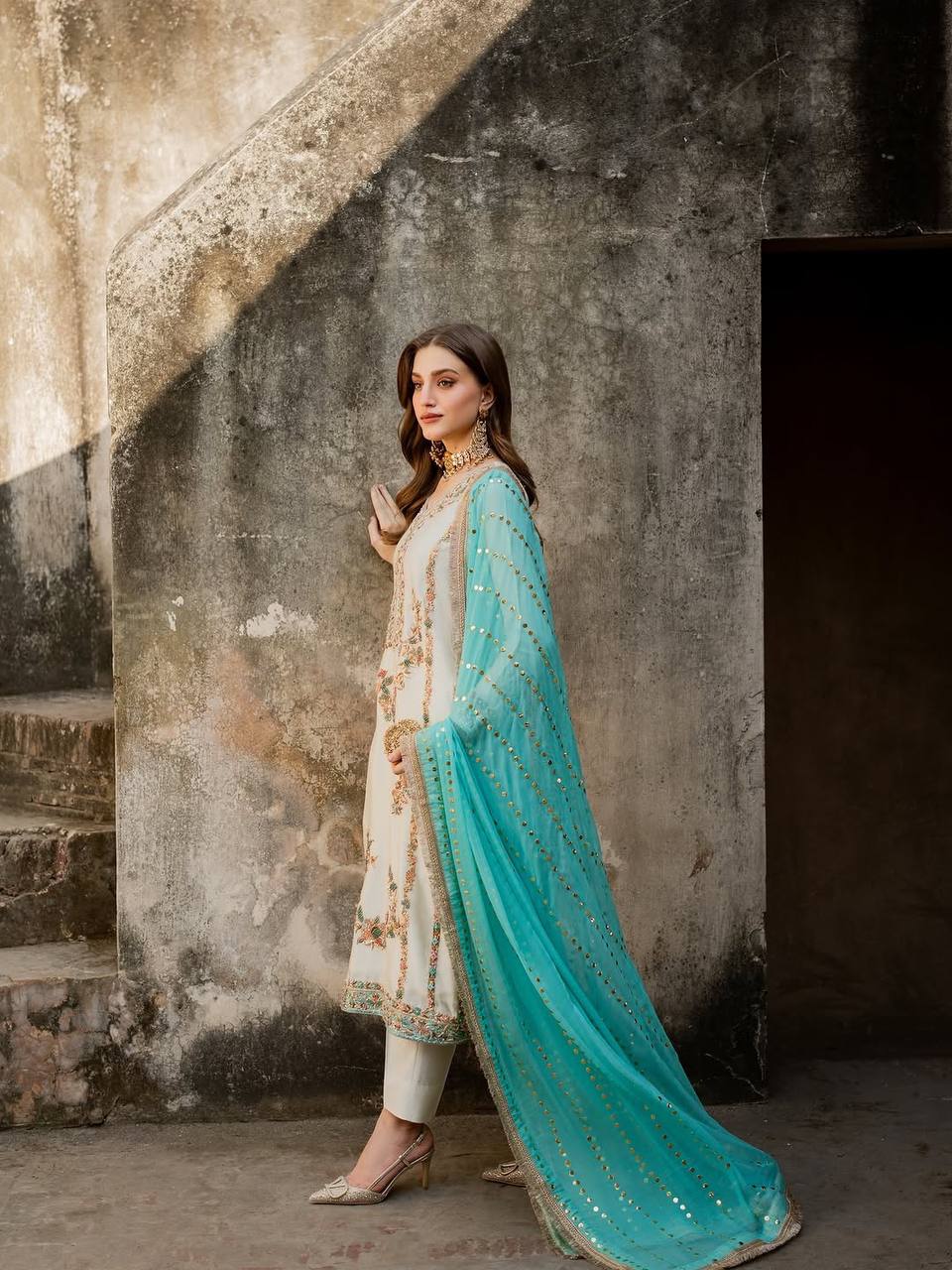 White Pure Silk Heavy Embroidered Kurta Palazzo Set with 5 mm Sequins, Rivet Moti Work & Fancy Lace Dupatta – Fully Stitched Designer Wear