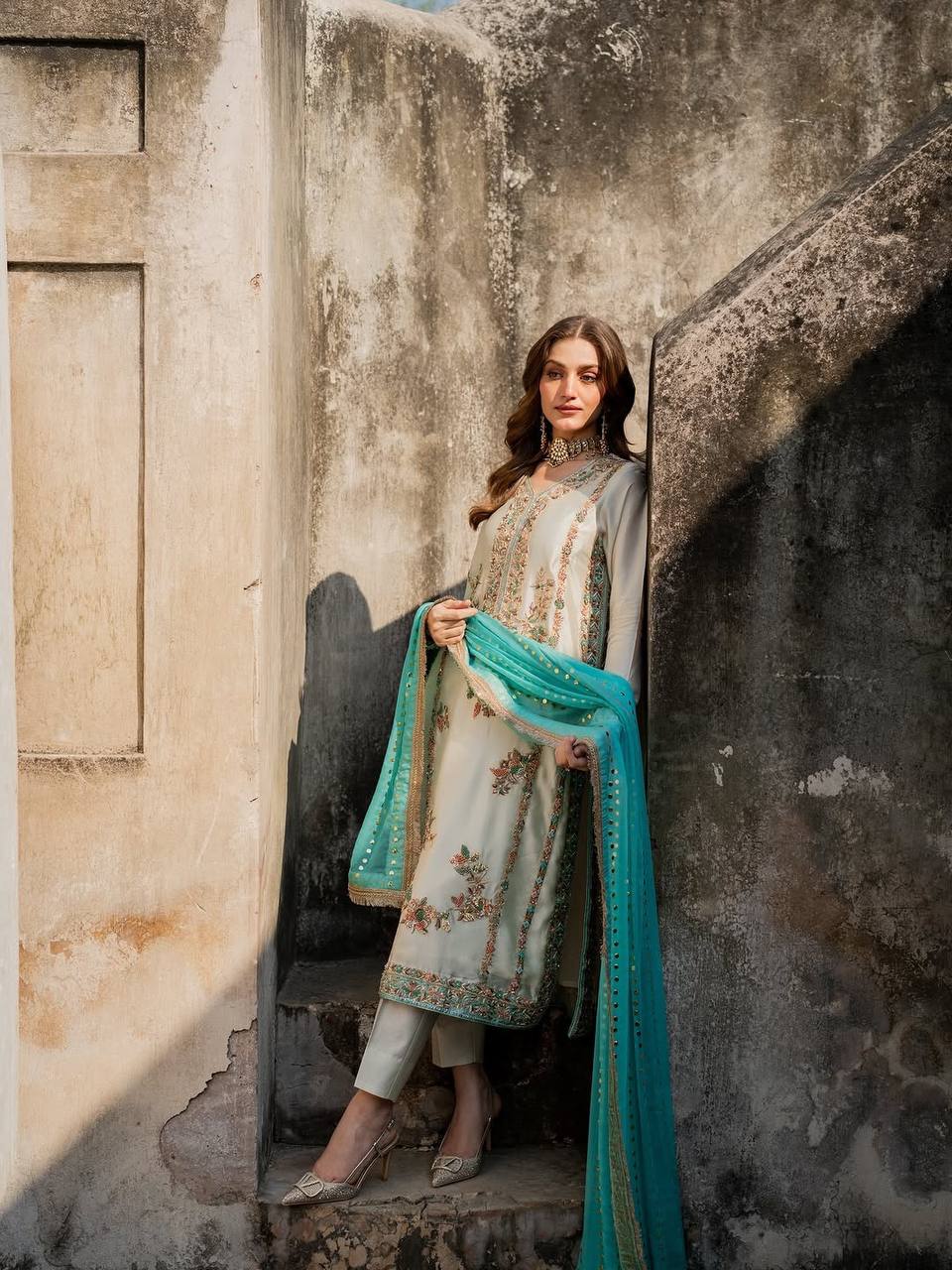White Pure Silk Heavy Embroidered Kurta Palazzo Set with 5 mm Sequins, Rivet Moti Work & Fancy Lace Dupatta – Fully Stitched Designer Wear