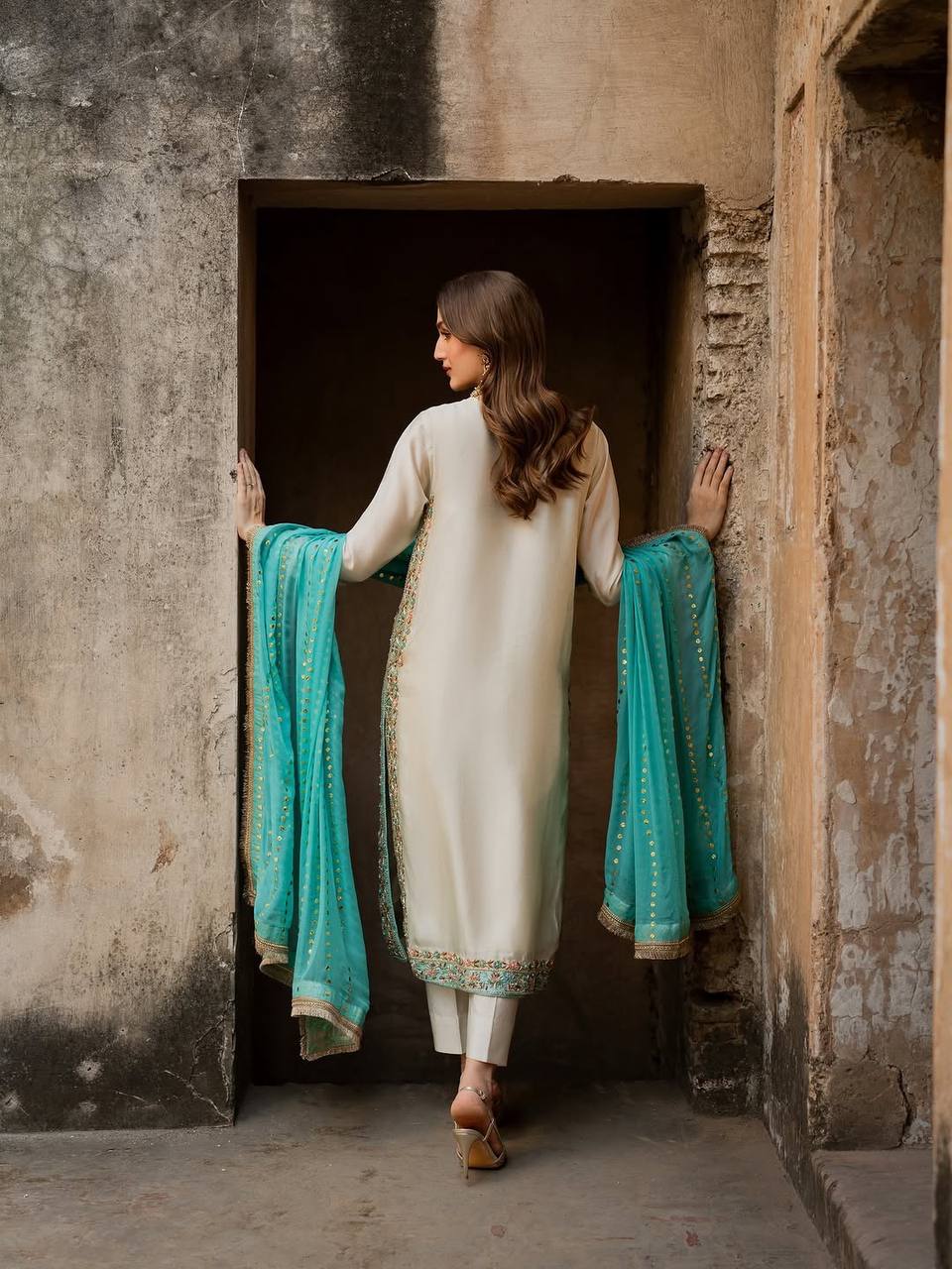 White Pure Silk Heavy Embroidered Kurta Palazzo Set with 5 mm Sequins, Rivet Moti Work & Fancy Lace Dupatta – Fully Stitched Designer Wear