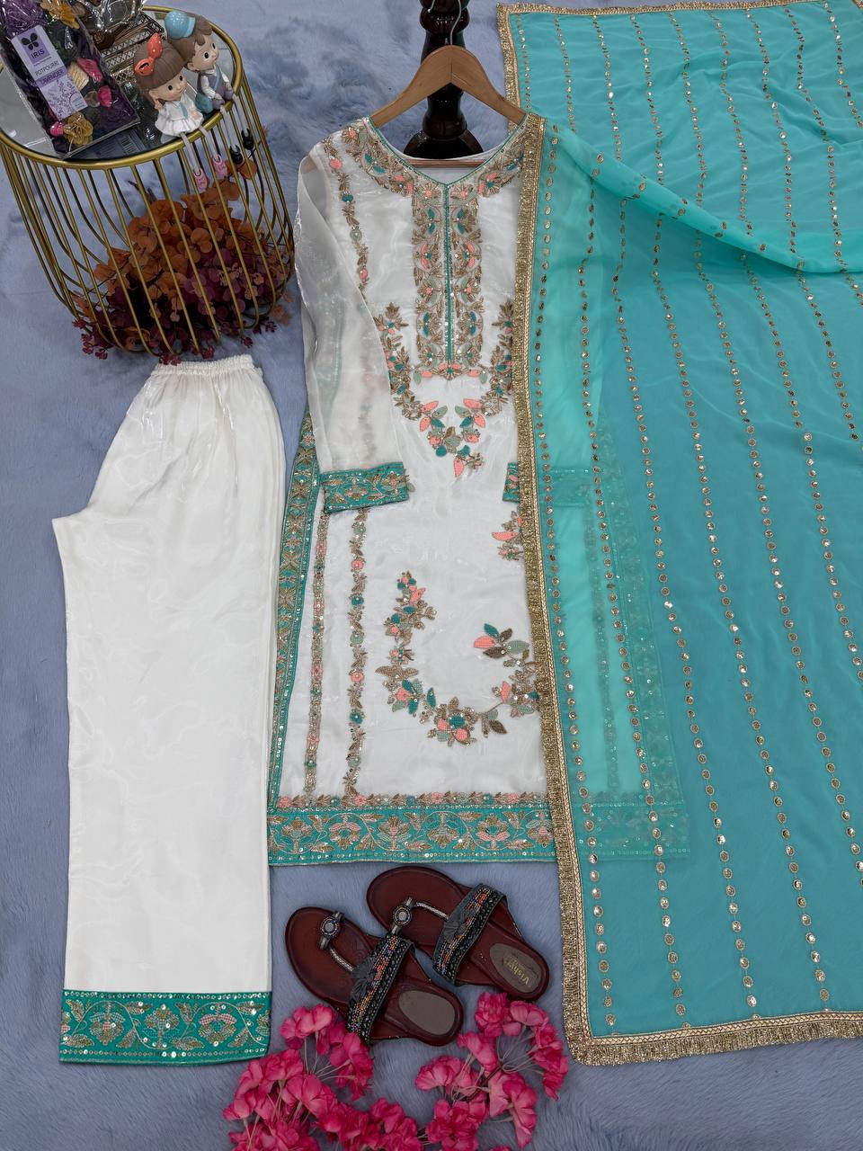 White Pure Silk Heavy Embroidered Kurta Palazzo Set with 5 mm Sequins, Rivet Moti Work & Fancy Lace Dupatta – Fully Stitched Designer Wear