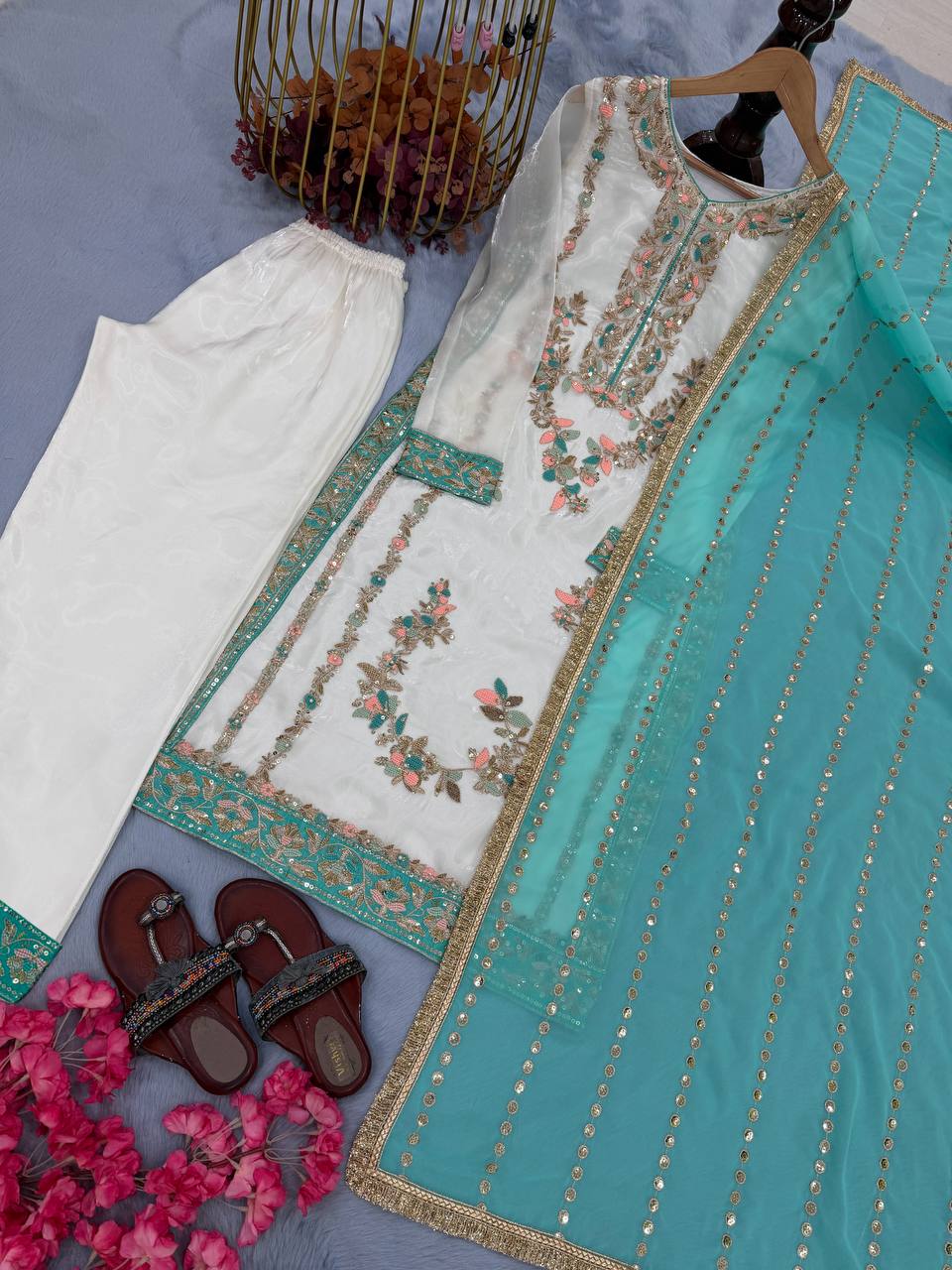 White Pure Silk Heavy Embroidered Kurta Palazzo Set with 5 mm Sequins, Rivet Moti Work & Fancy Lace Dupatta – Fully Stitched Designer Wear