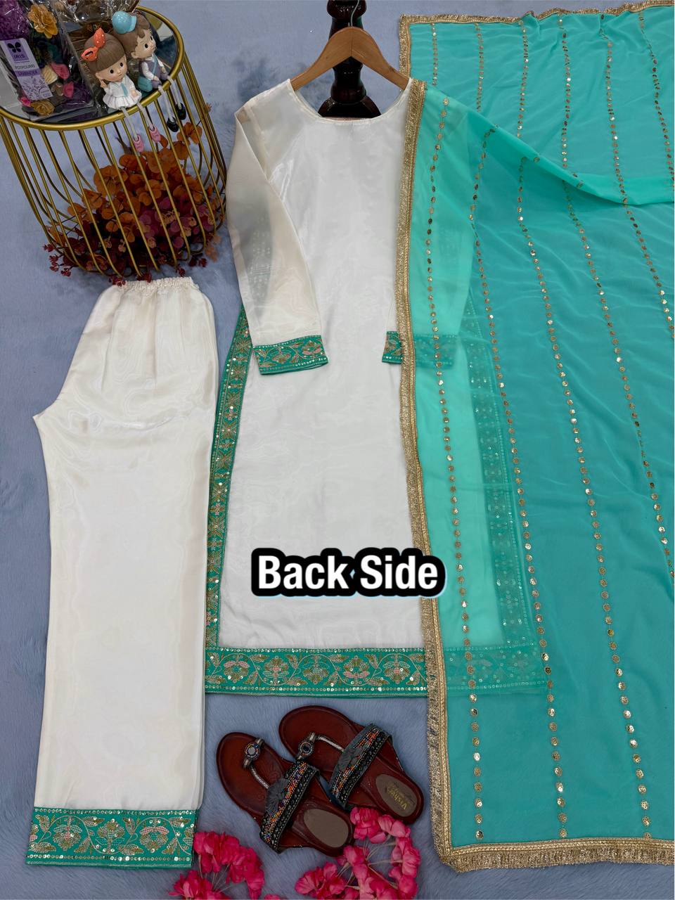 White Pure Silk Heavy Embroidered Kurta Palazzo Set with 5 mm Sequins, Rivet Moti Work & Fancy Lace Dupatta – Fully Stitched Designer Wear
