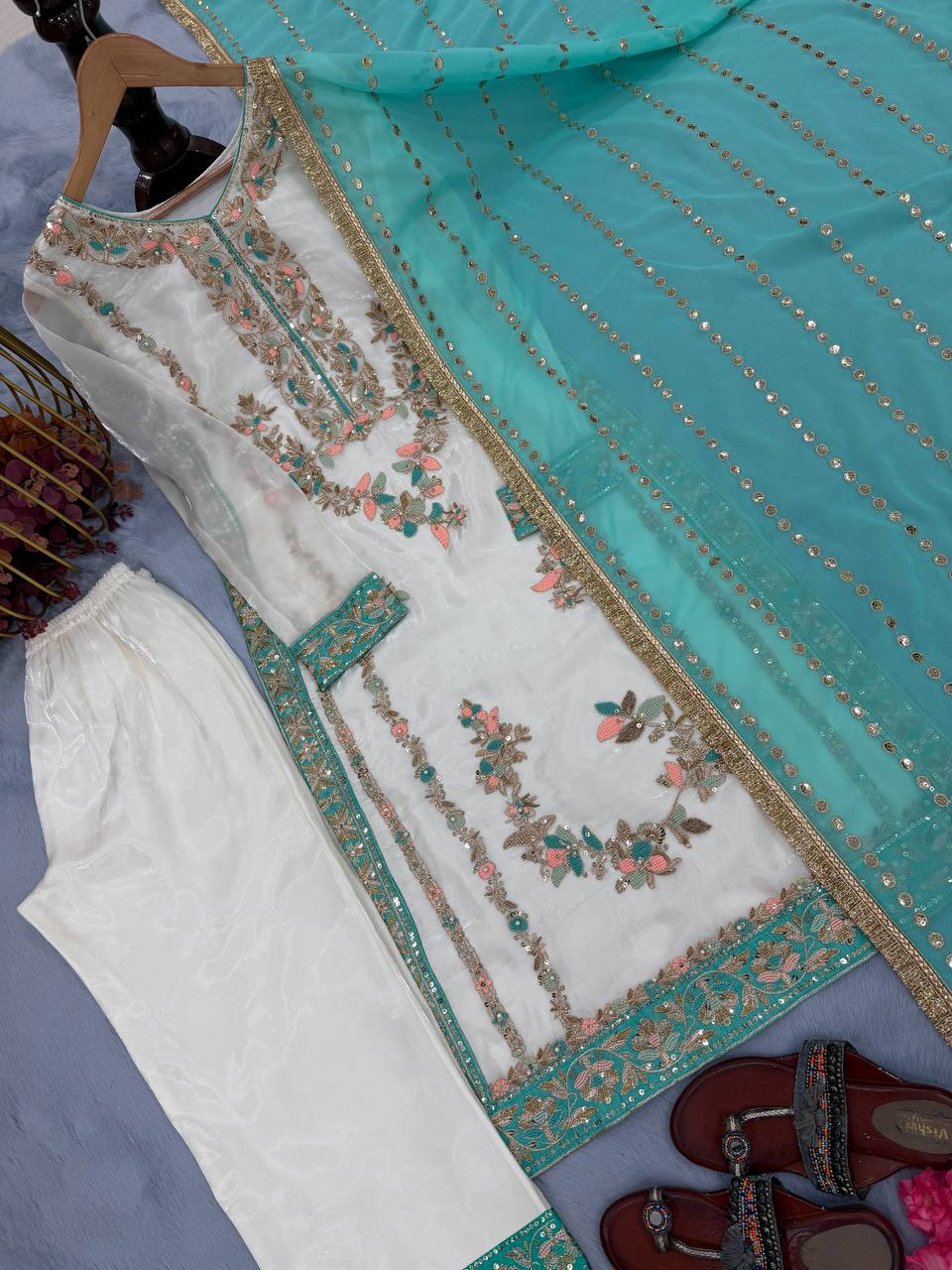 White Pure Silk Heavy Embroidered Kurta Palazzo Set with 5 mm Sequins, Rivet Moti Work & Fancy Lace Dupatta – Fully Stitched Designer Wear