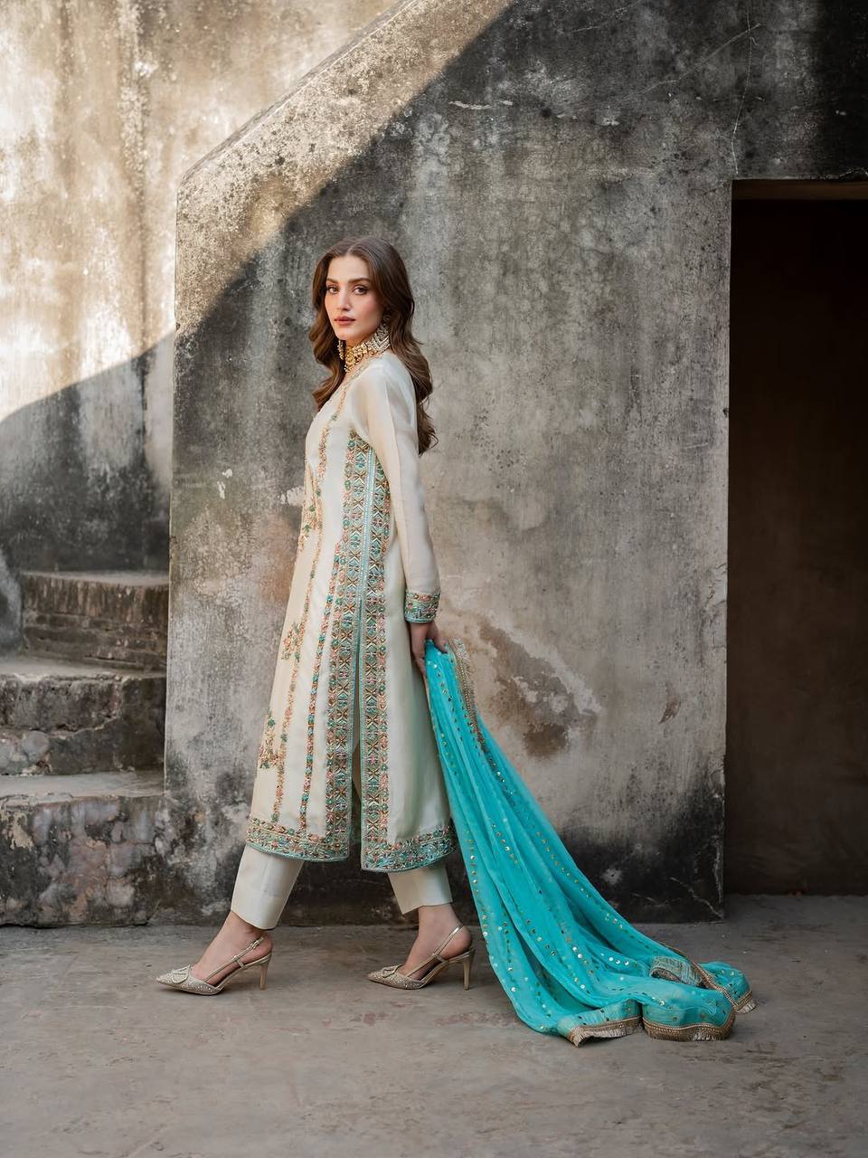 White Pure Silk Heavy Embroidered Kurta Palazzo Set with 5 mm Sequins, Rivet Moti Work & Fancy Lace Dupatta – Fully Stitched Designer Wear