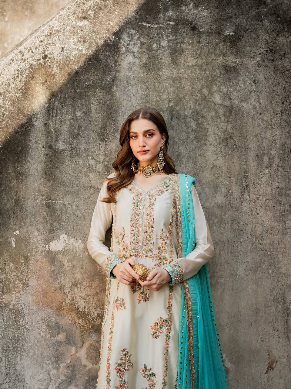 White Pure Silk Heavy Embroidered Kurta Palazzo Set with 5 mm Sequins, Rivet Moti Work & Fancy Lace Dupatta – Fully Stitched Designer Wear