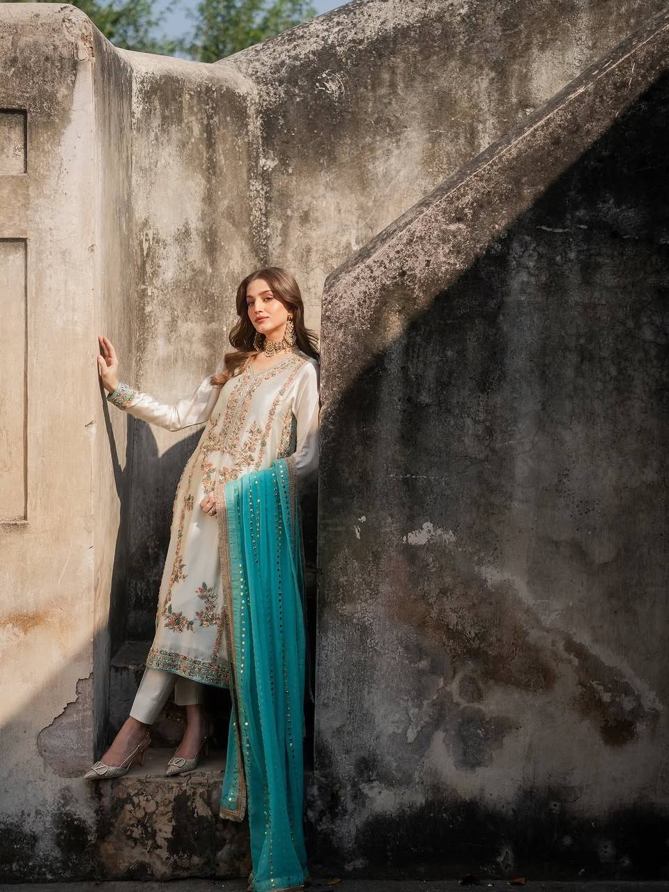 White Pure Silk Heavy Embroidered Kurta Palazzo Set with 5 mm Sequins, Rivet Moti Work & Fancy Lace Dupatta – Fully Stitched Designer Wear