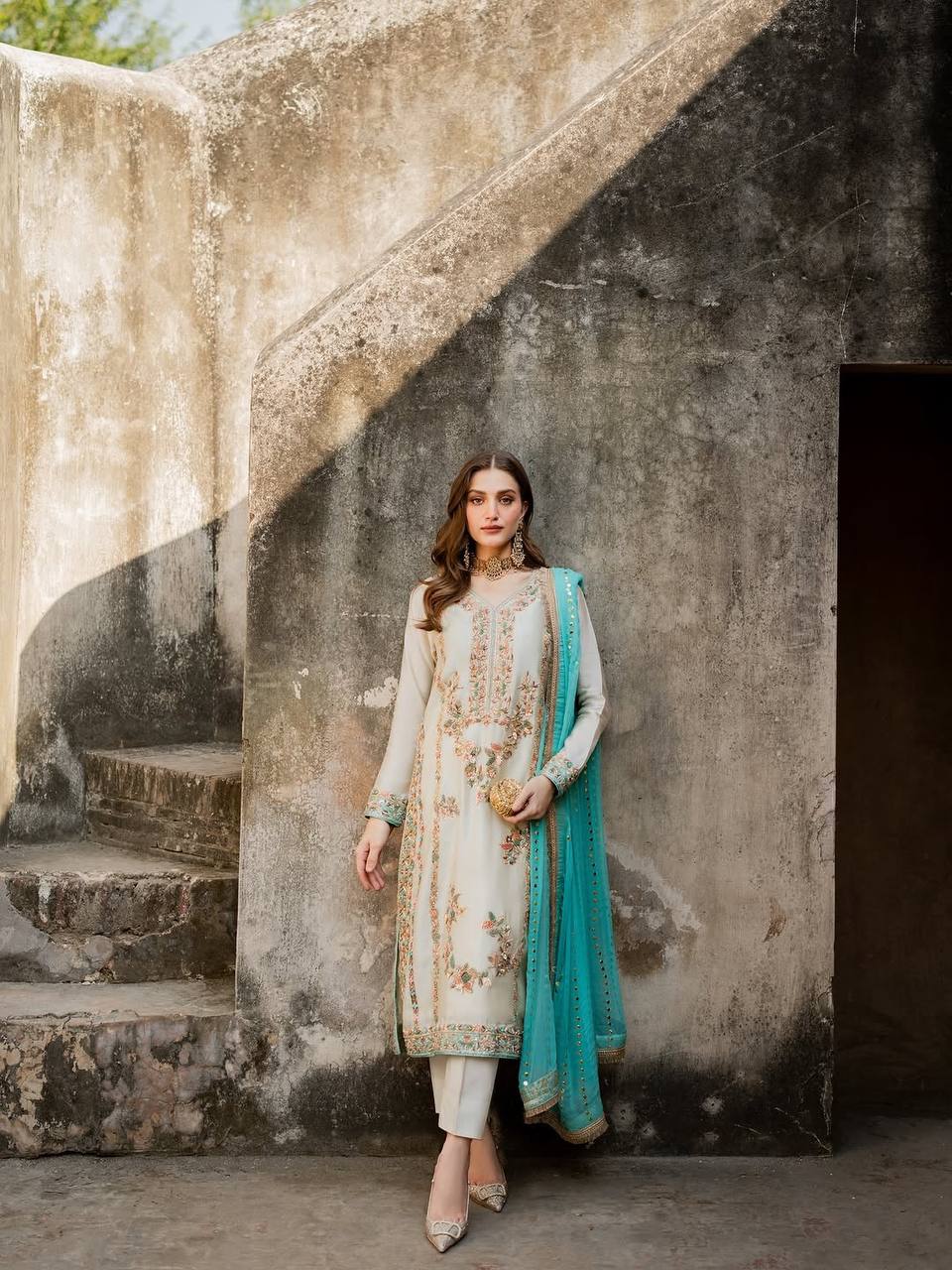 White Pure Silk Heavy Embroidered Kurta Palazzo Set with 5 mm Sequins, Rivet Moti Work & Fancy Lace Dupatta – Fully Stitched Designer Wear