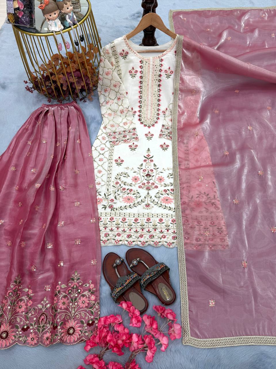 White Pure Silk Heavy Embroidered Kurta Palazzo Set