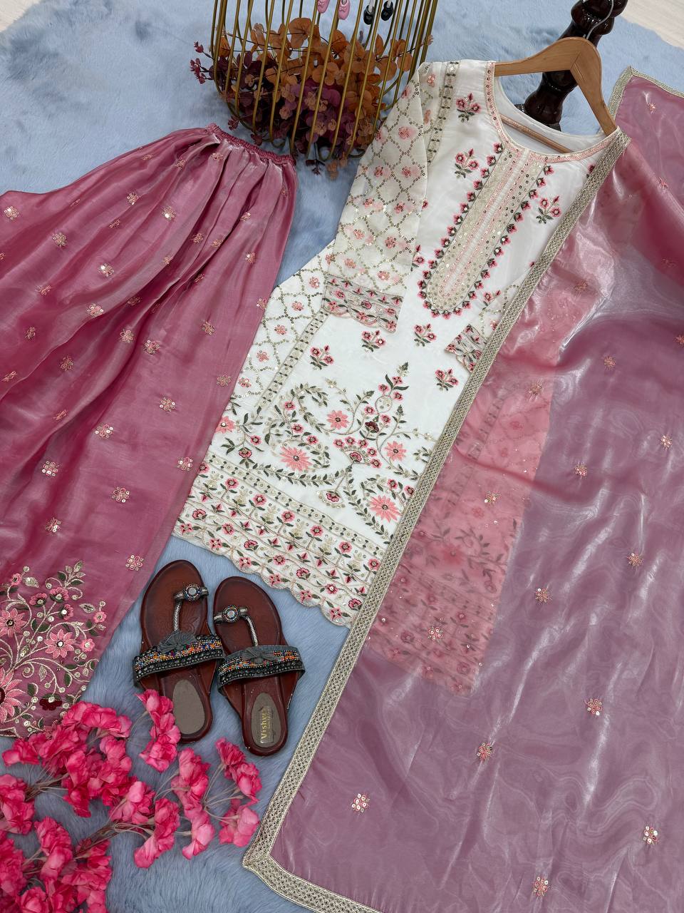 White Pure Silk Heavy Embroidered Kurta Palazzo Set