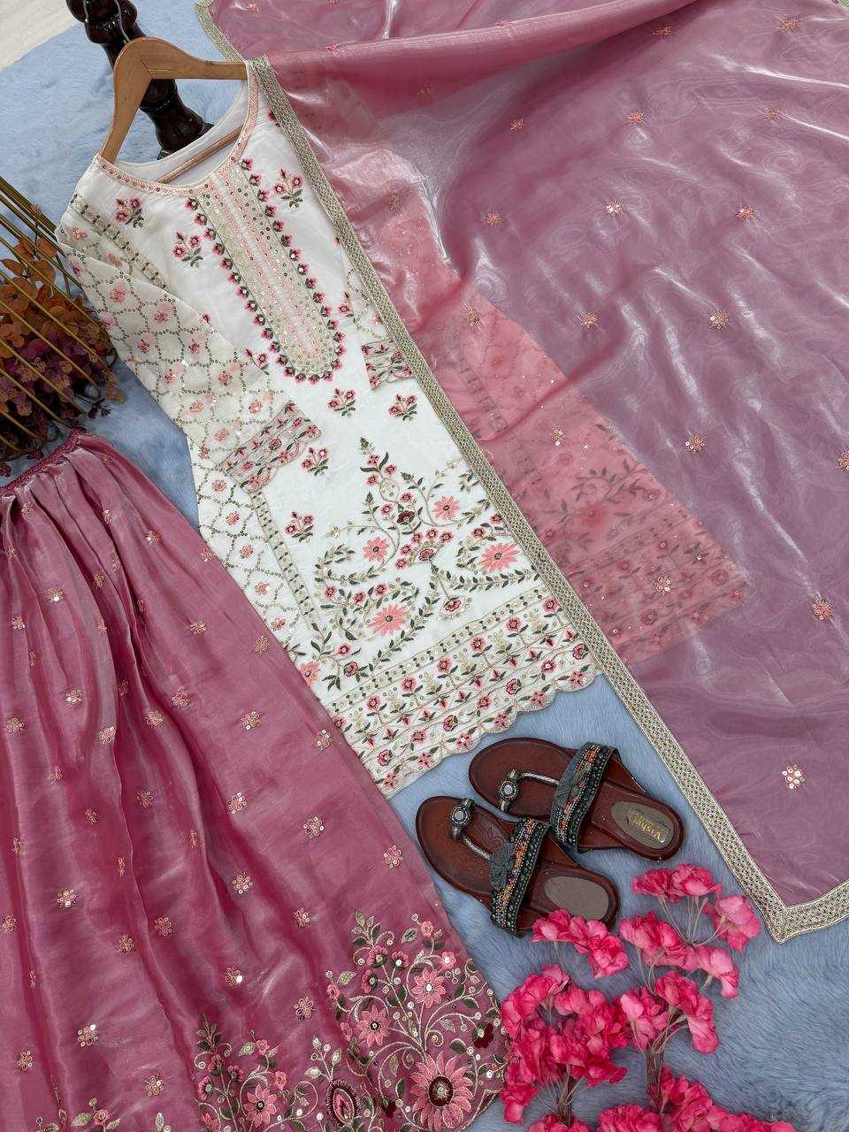 White Pure Silk Heavy Embroidered Kurta Palazzo Set