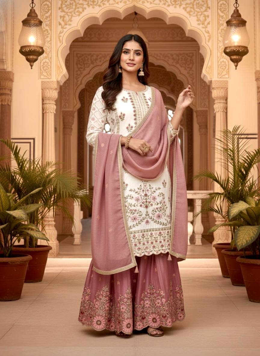 White Pure Silk Heavy Embroidered Kurta Palazzo Set