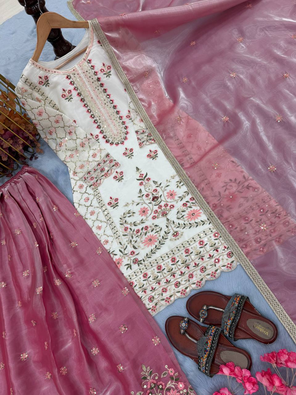 White Pure Silk Heavy Embroidered Kurta Palazzo Set