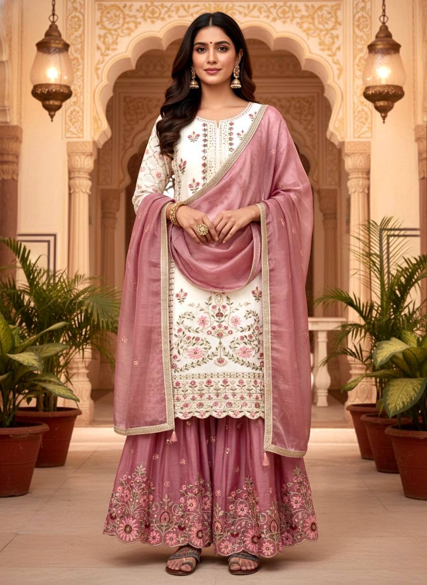 White Pure Silk Heavy Embroidered Kurta Palazzo Set