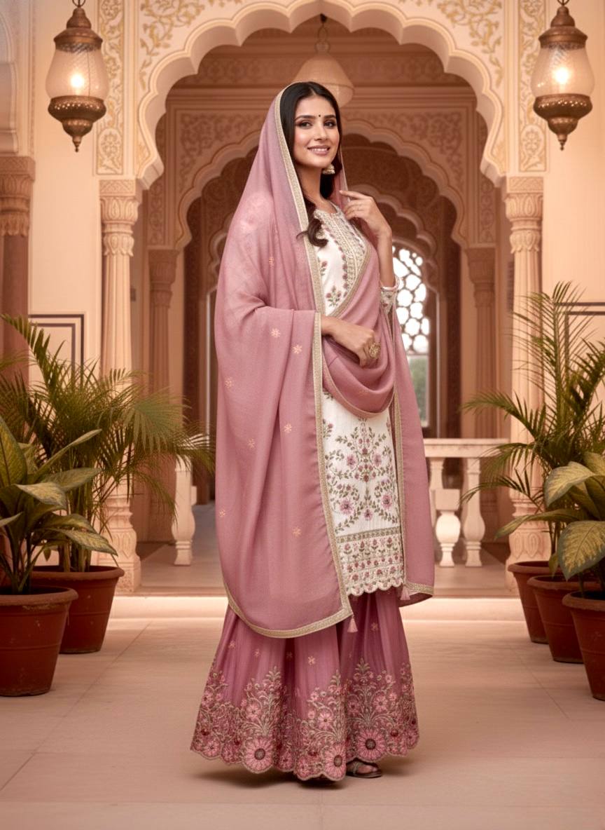 White Pure Silk Heavy Embroidered Kurta Palazzo Set