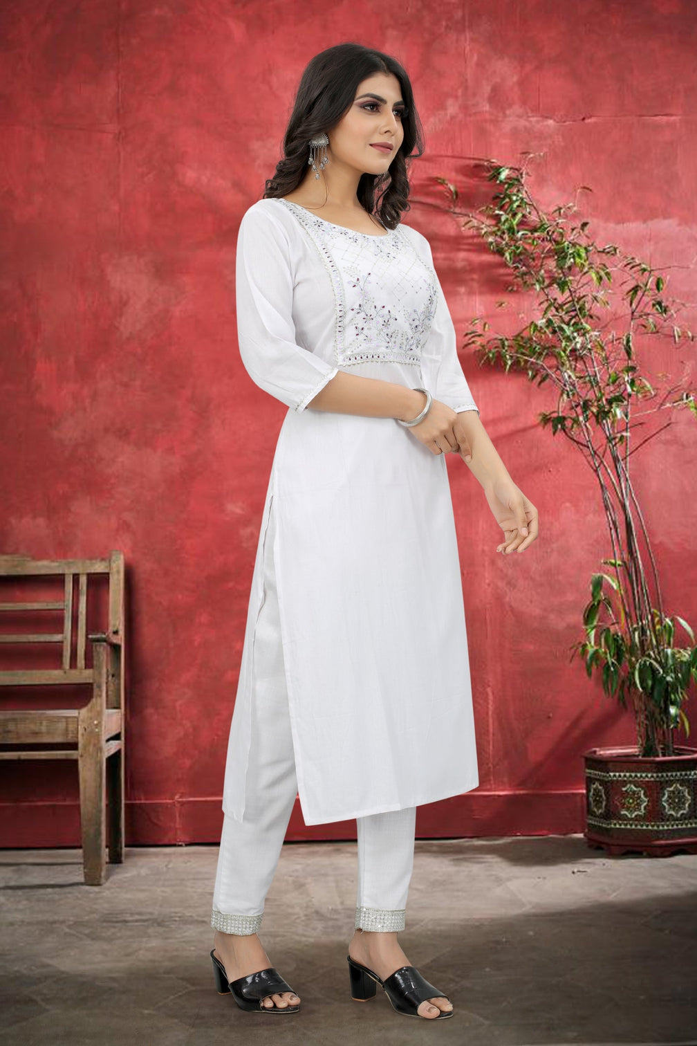 White Rayon Kurta Set With Pant
