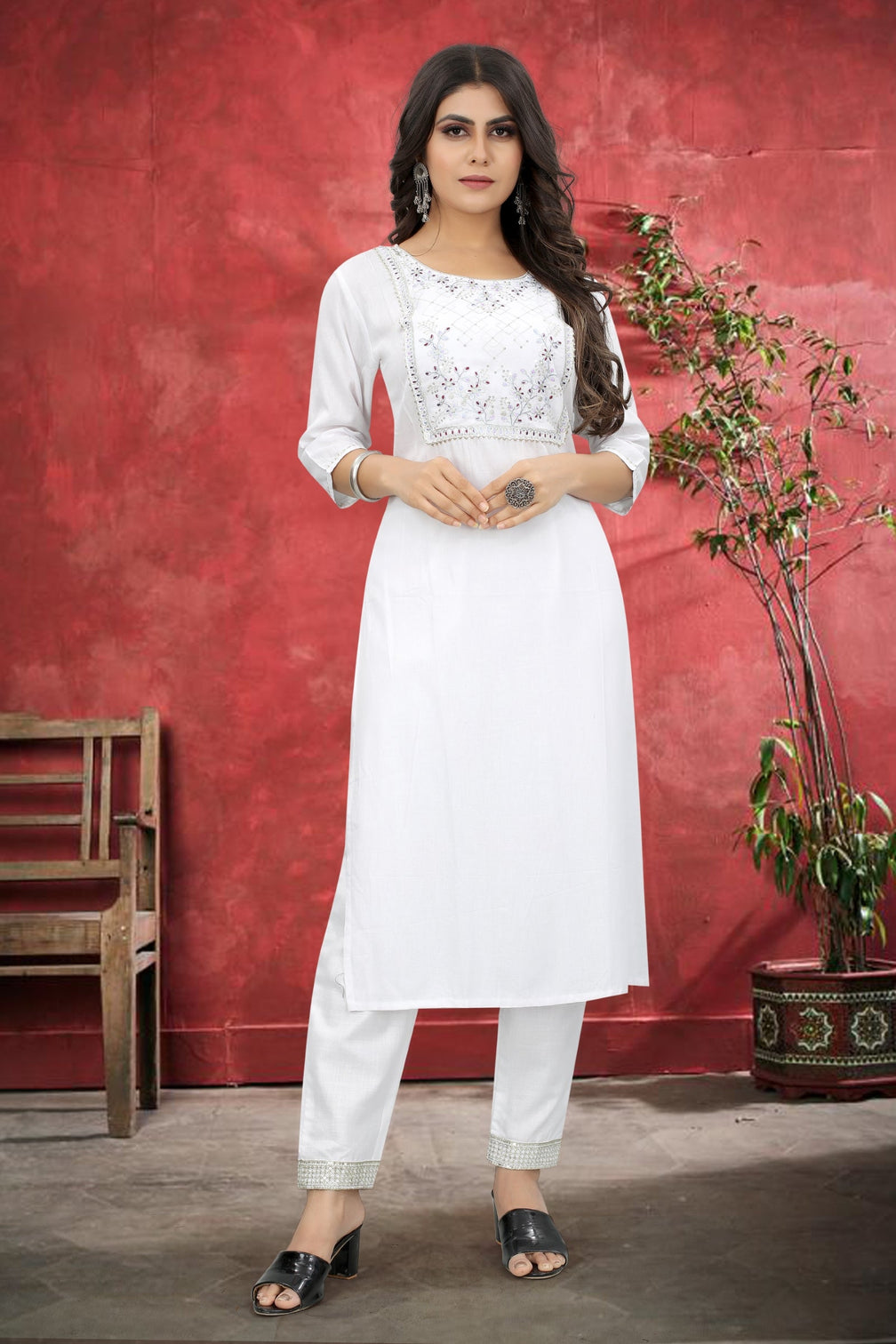 White Rayon Kurta Set With Pant