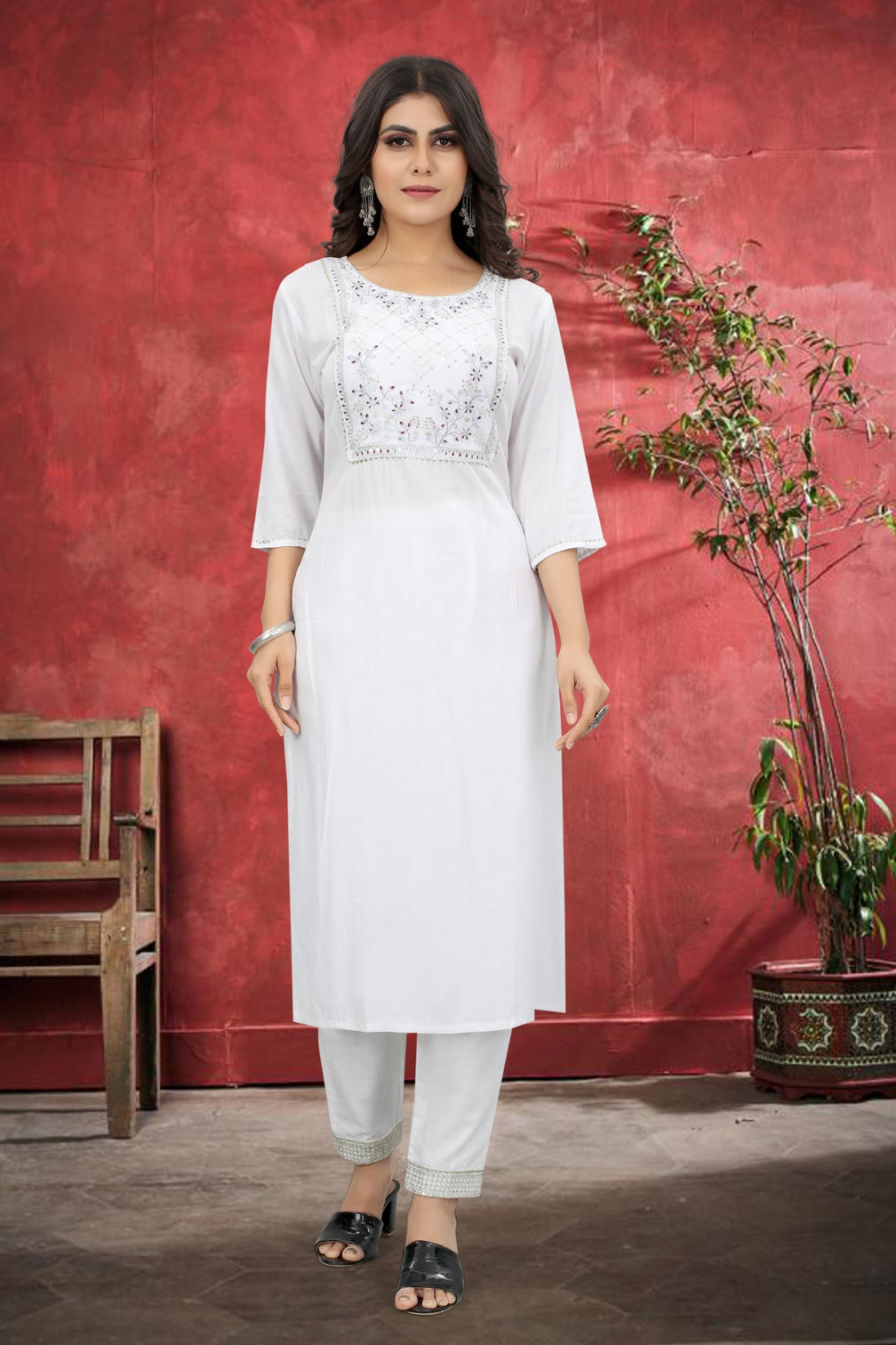 White Rayon Kurta Set With Pant
