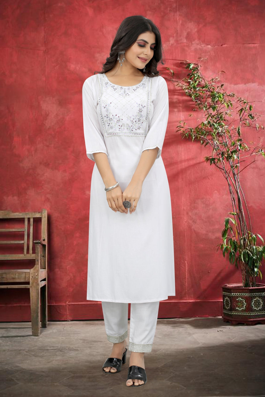 White Rayon Kurta Set With Pant