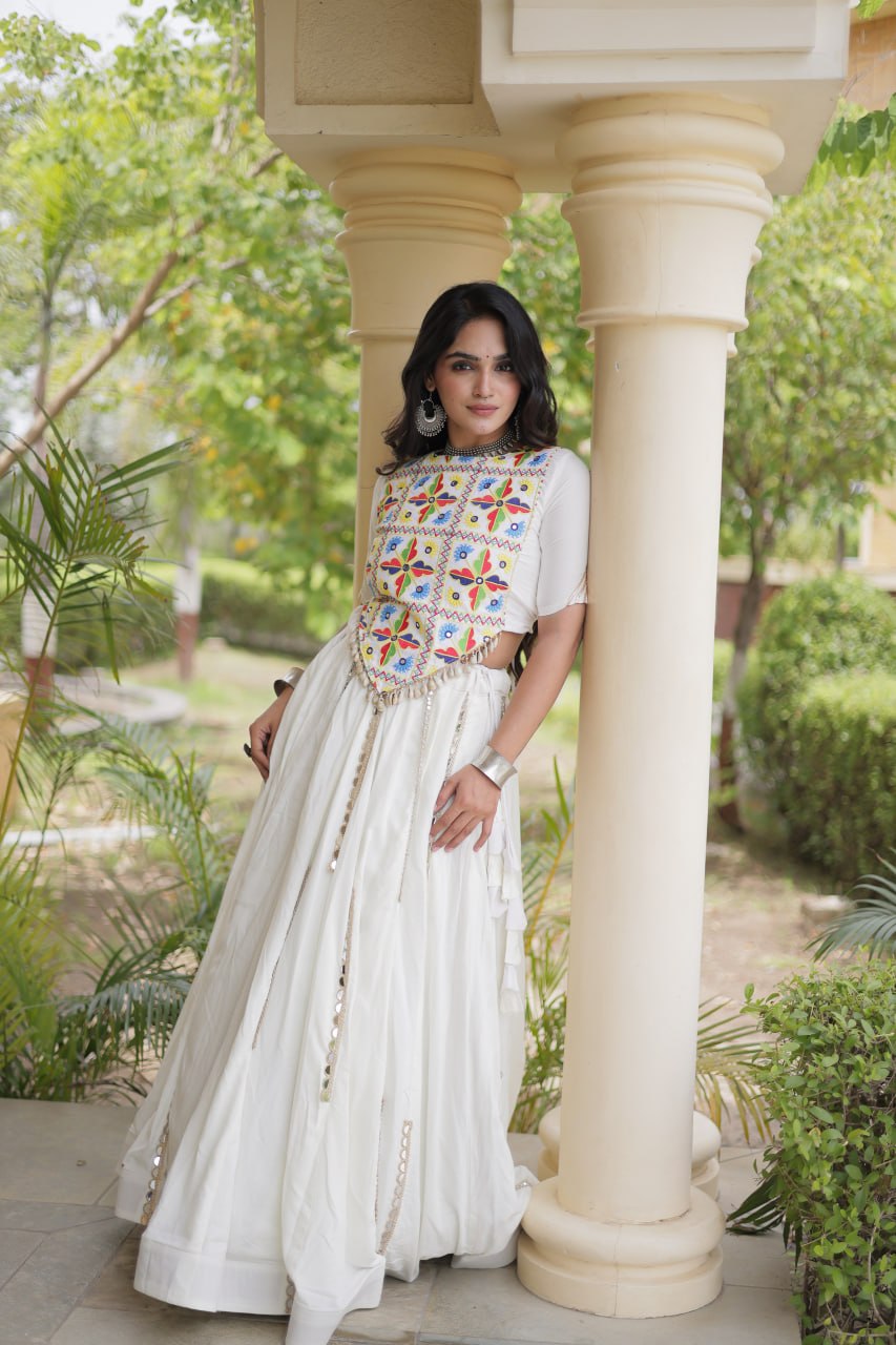 White Rayon Mirror Work Lehenga Choli