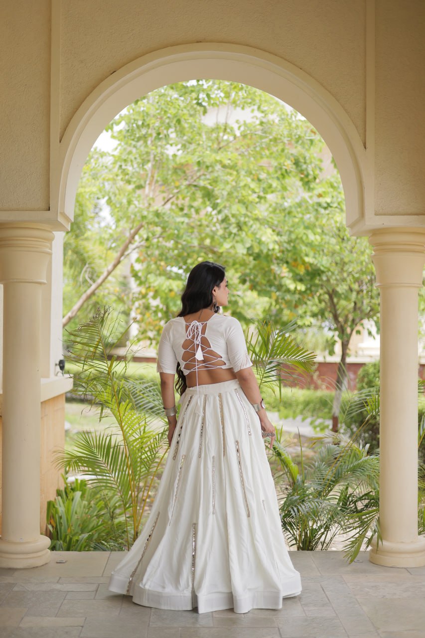 White Rayon Mirror Work Lehenga Choli