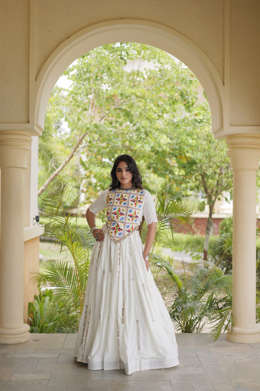 White Rayon Mirror Work Lehenga Choli