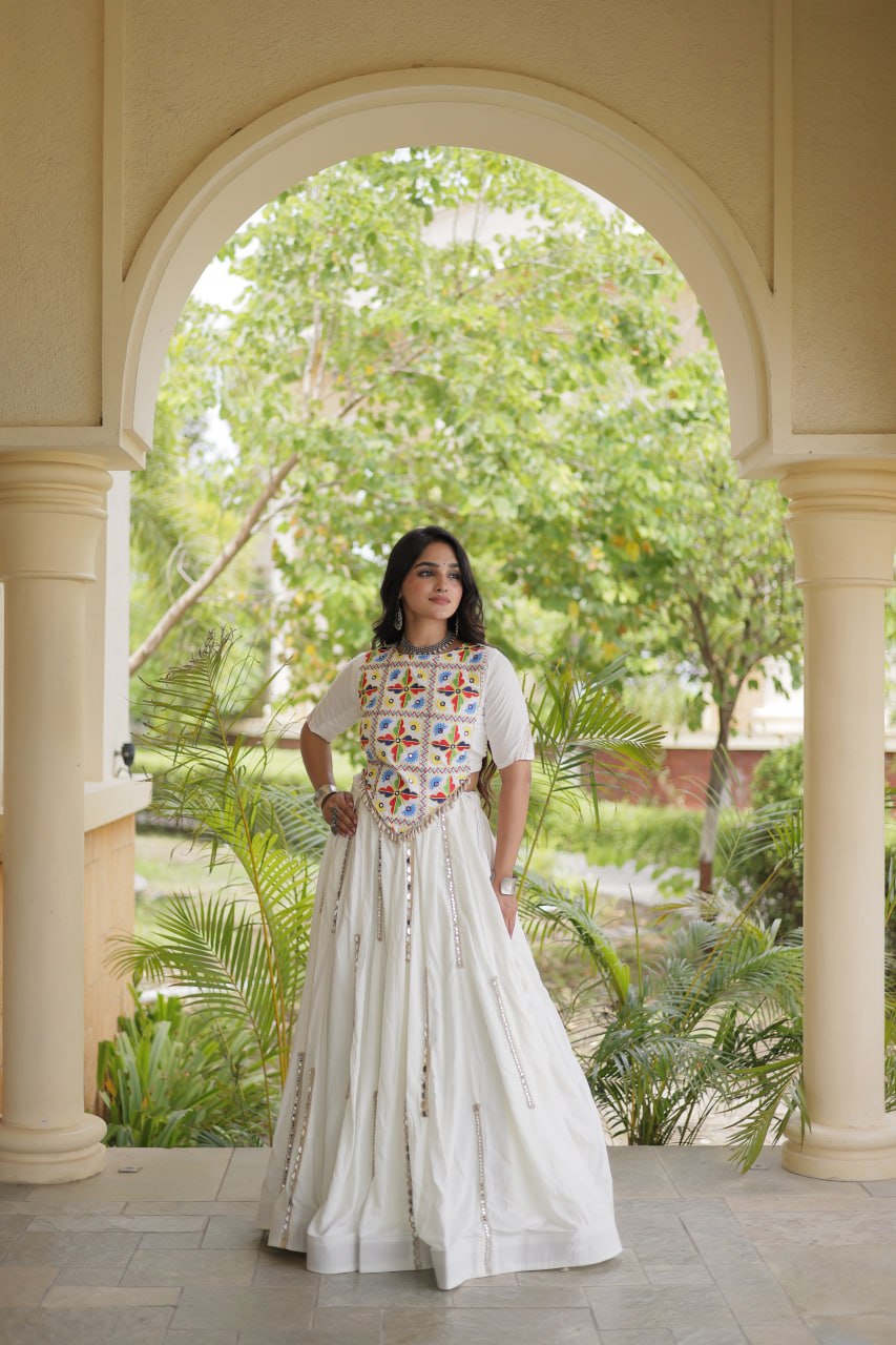 White Rayon Mirror Work Lehenga Choli
