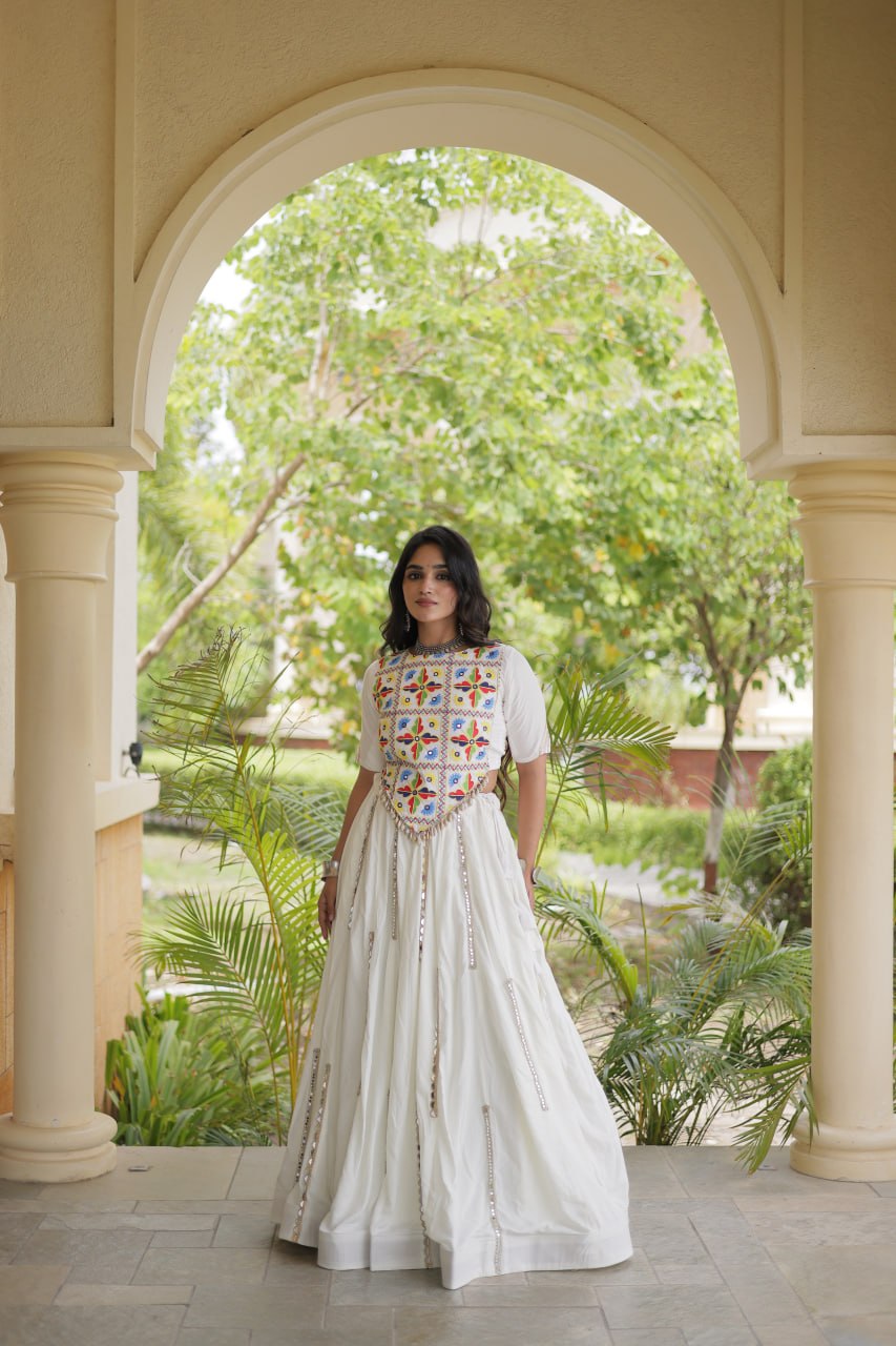 White Rayon Mirror Work Lehenga Choli
