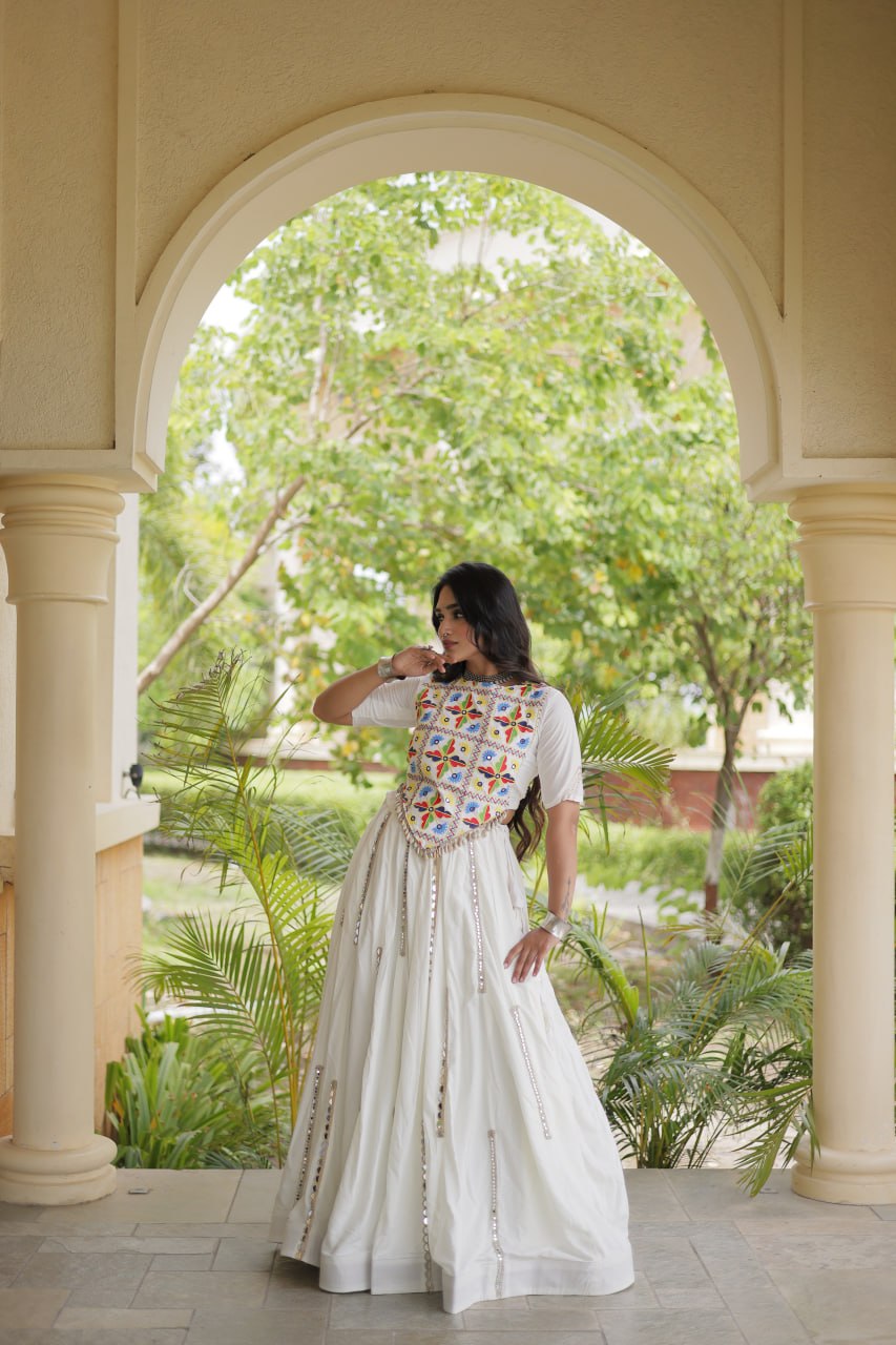 White Rayon Mirror Work Lehenga Choli