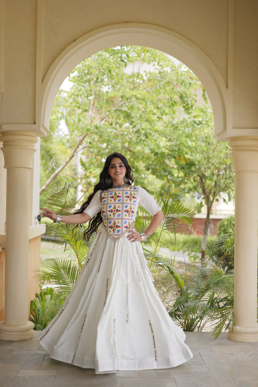 White Rayon Mirror Work Lehenga Choli