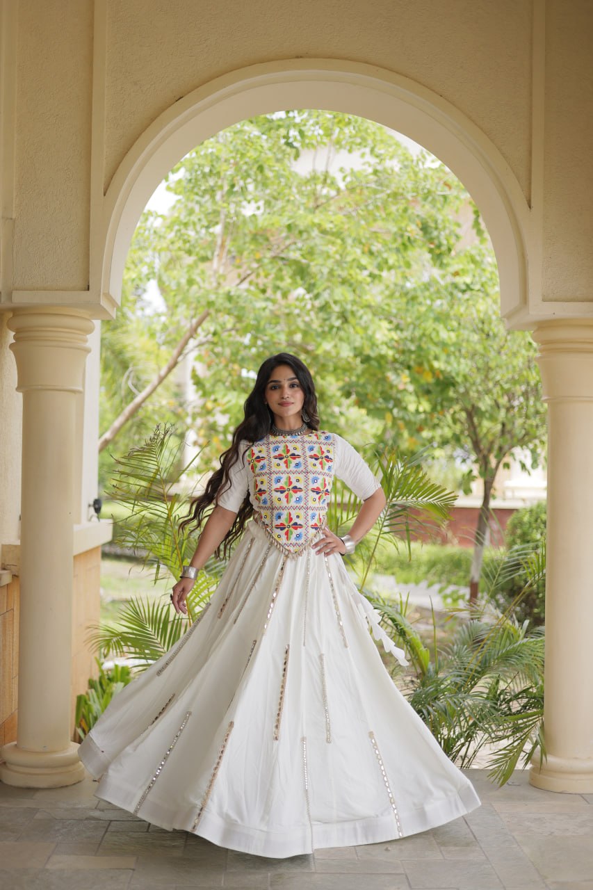 White Rayon Mirror Work Lehenga Choli