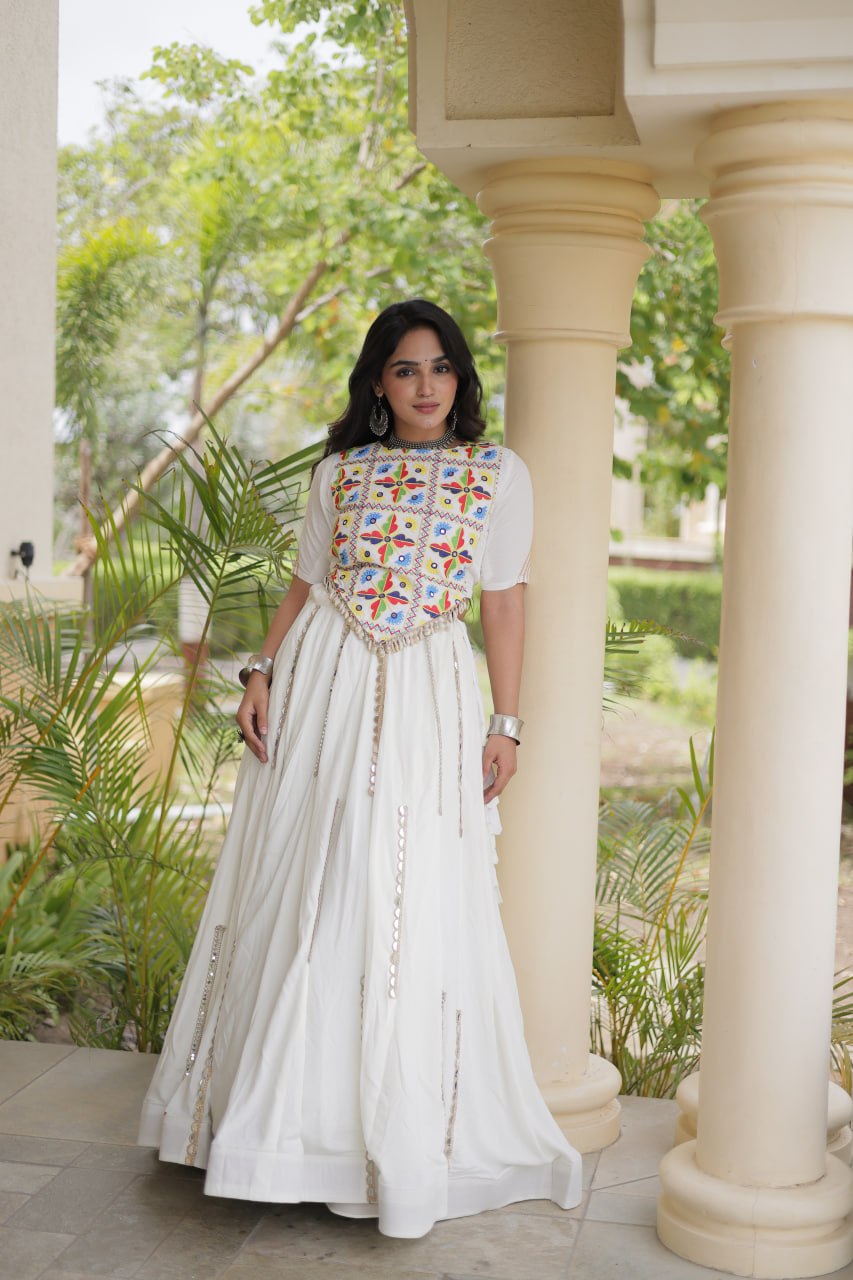 White Rayon Mirror Work Lehenga Choli