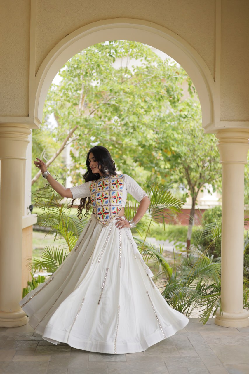 White Rayon Mirror Work Lehenga Choli