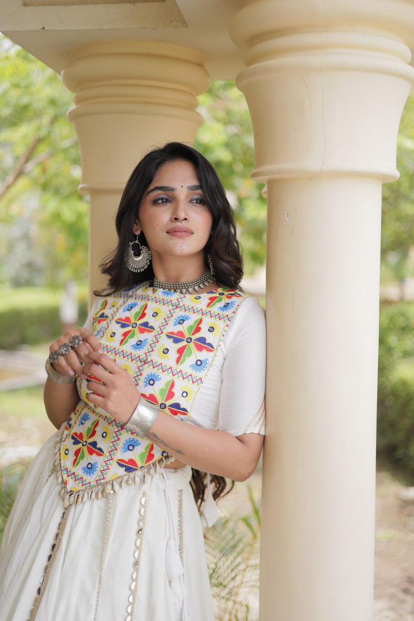White Rayon Mirror Work Lehenga Choli