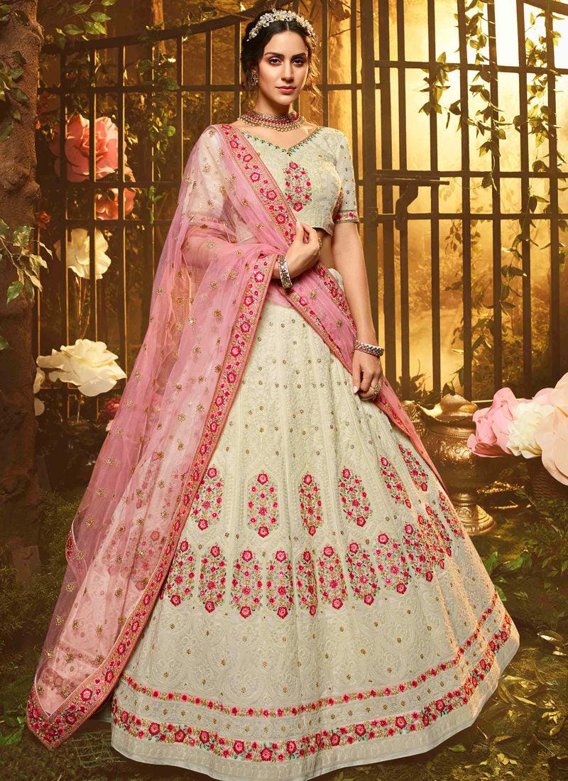 White Resham Sequins Georgette Flared Lehenga Choli