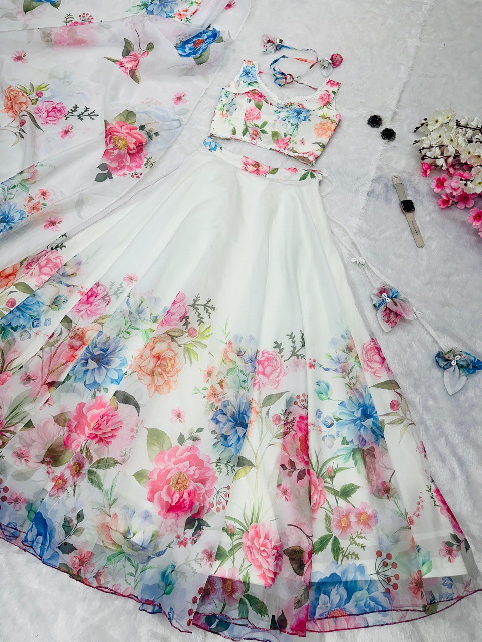 White Exclusive Floral printed  Elegance Lehenga Set