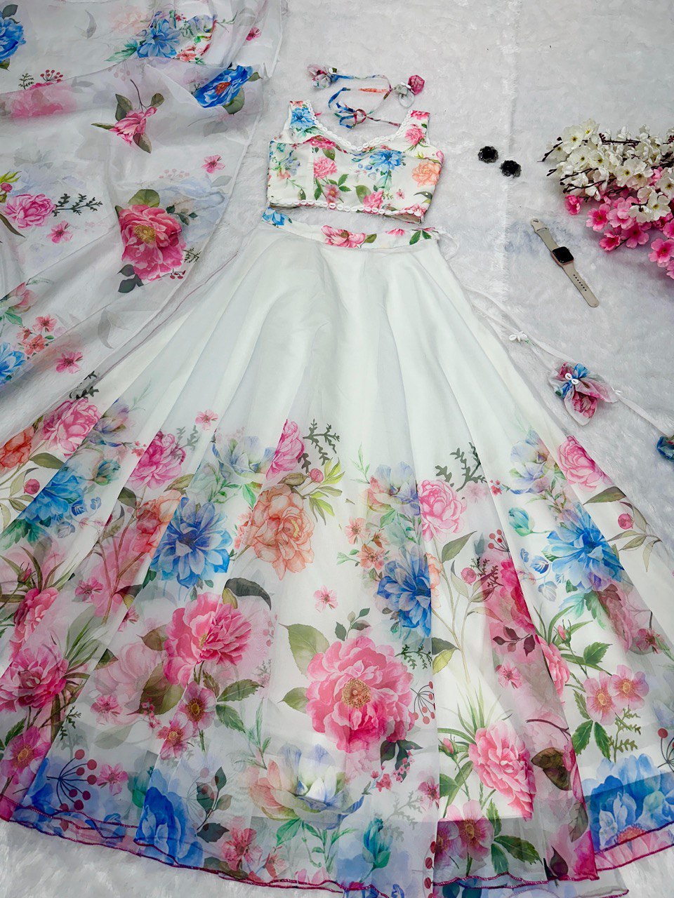 White Exclusive Floral printed  Elegance Lehenga Set